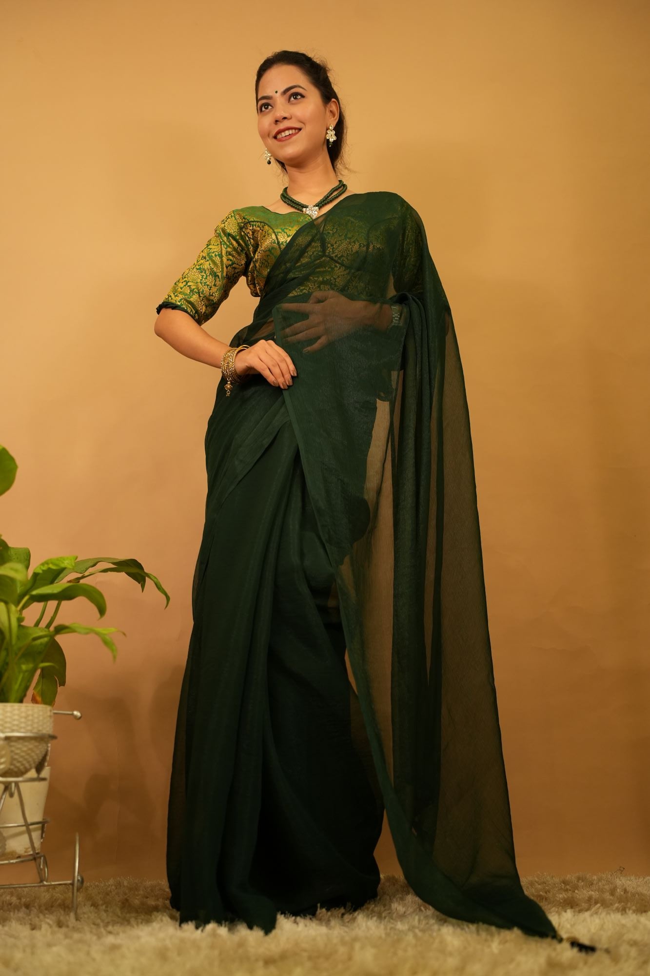 Beautiful Bottle Green Shimmery Chiffon  With Tassels on Palla Wrap In One Minute Saree