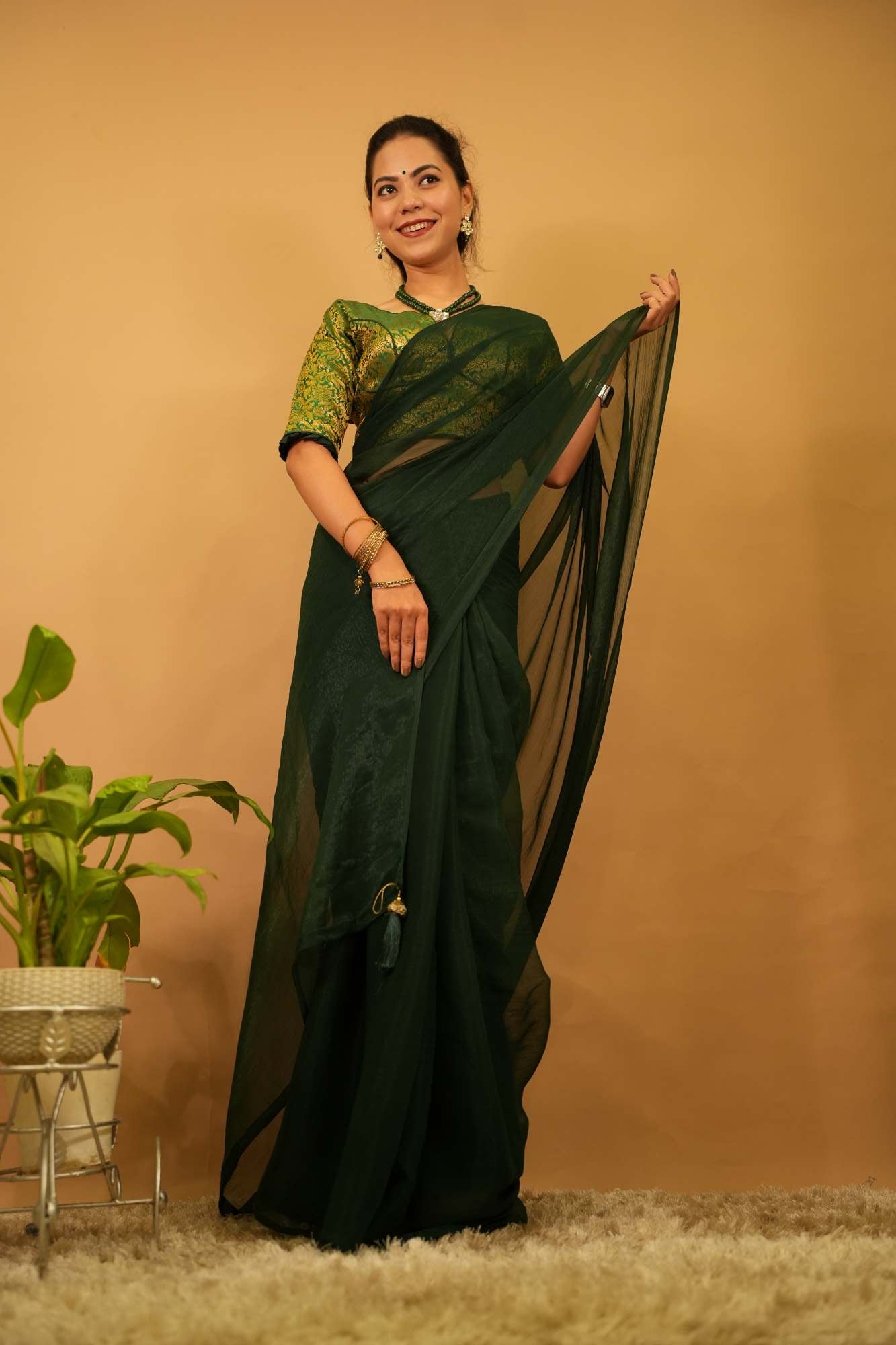 Beautiful Bottle Green Shimmery Chiffon  With Tassels on Palla Wrap In One Minute Saree