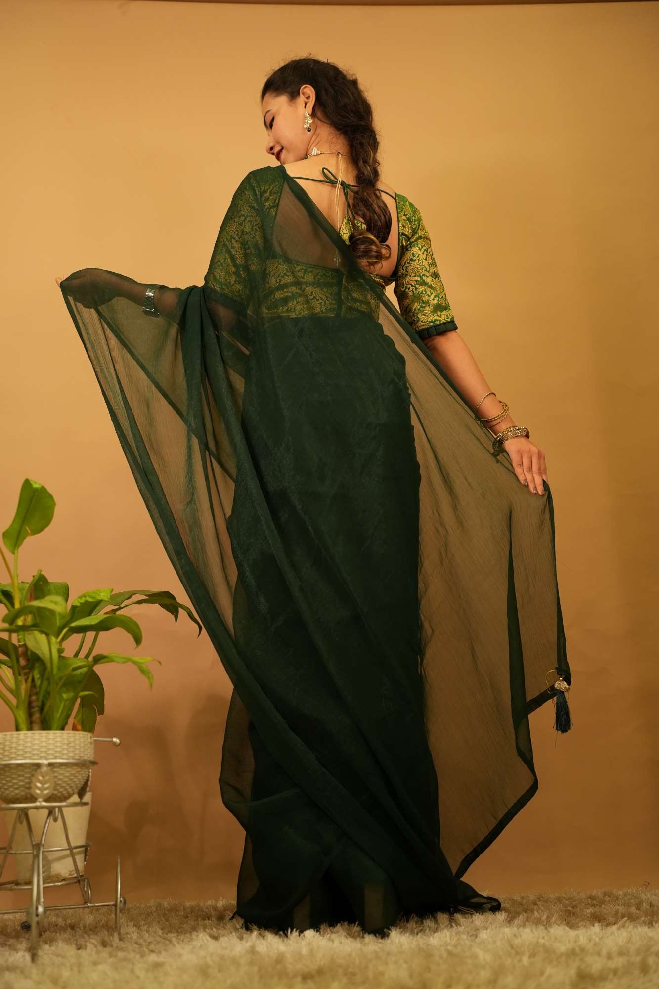 Beautiful Bottle Green Shimmery Chiffon  With Tassels on Palla Wrap In One Minute Saree