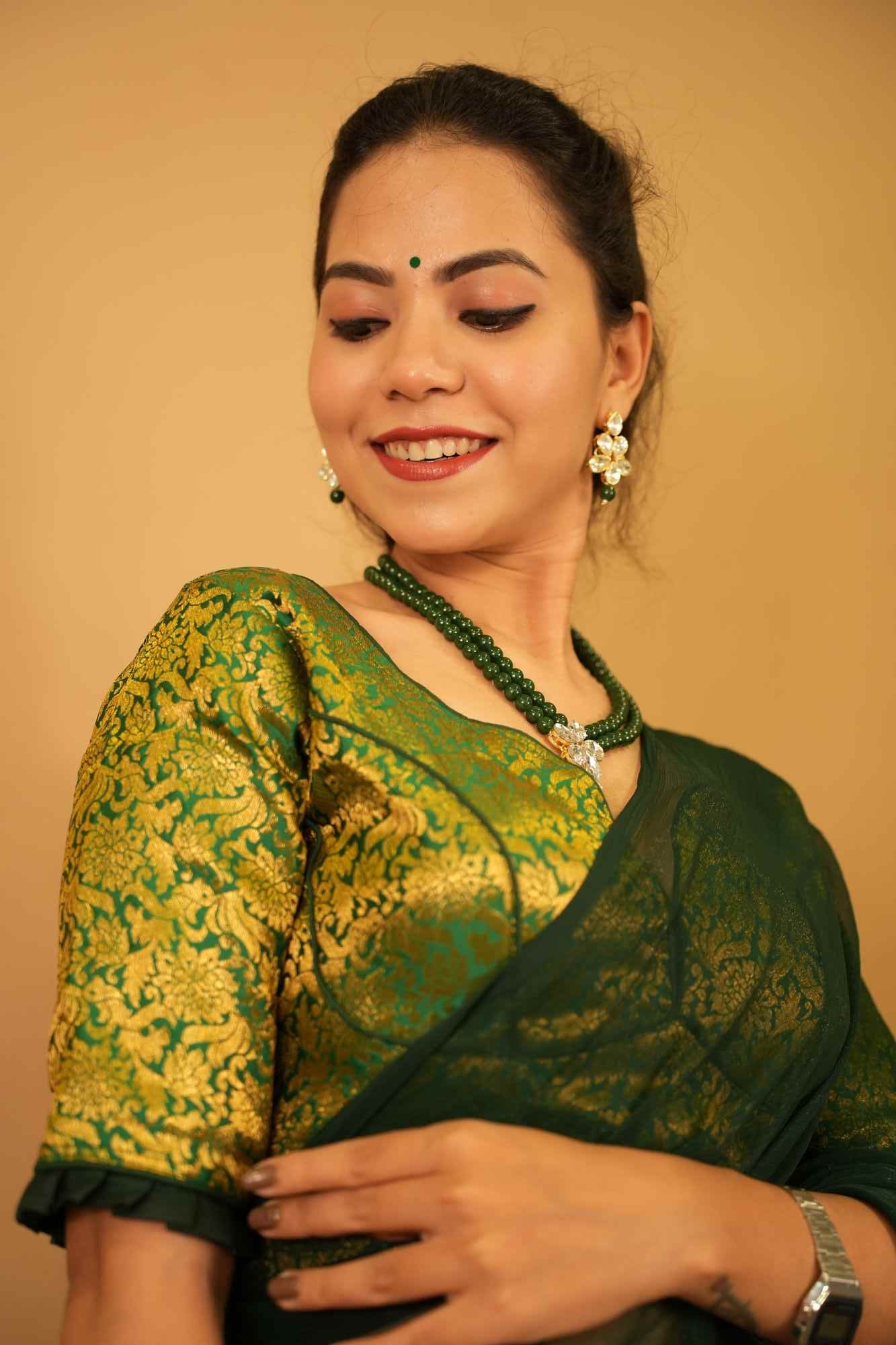 Beautiful Bottle Green Shimmery Chiffon  With Tassels on Palla Wrap In One Minute Saree