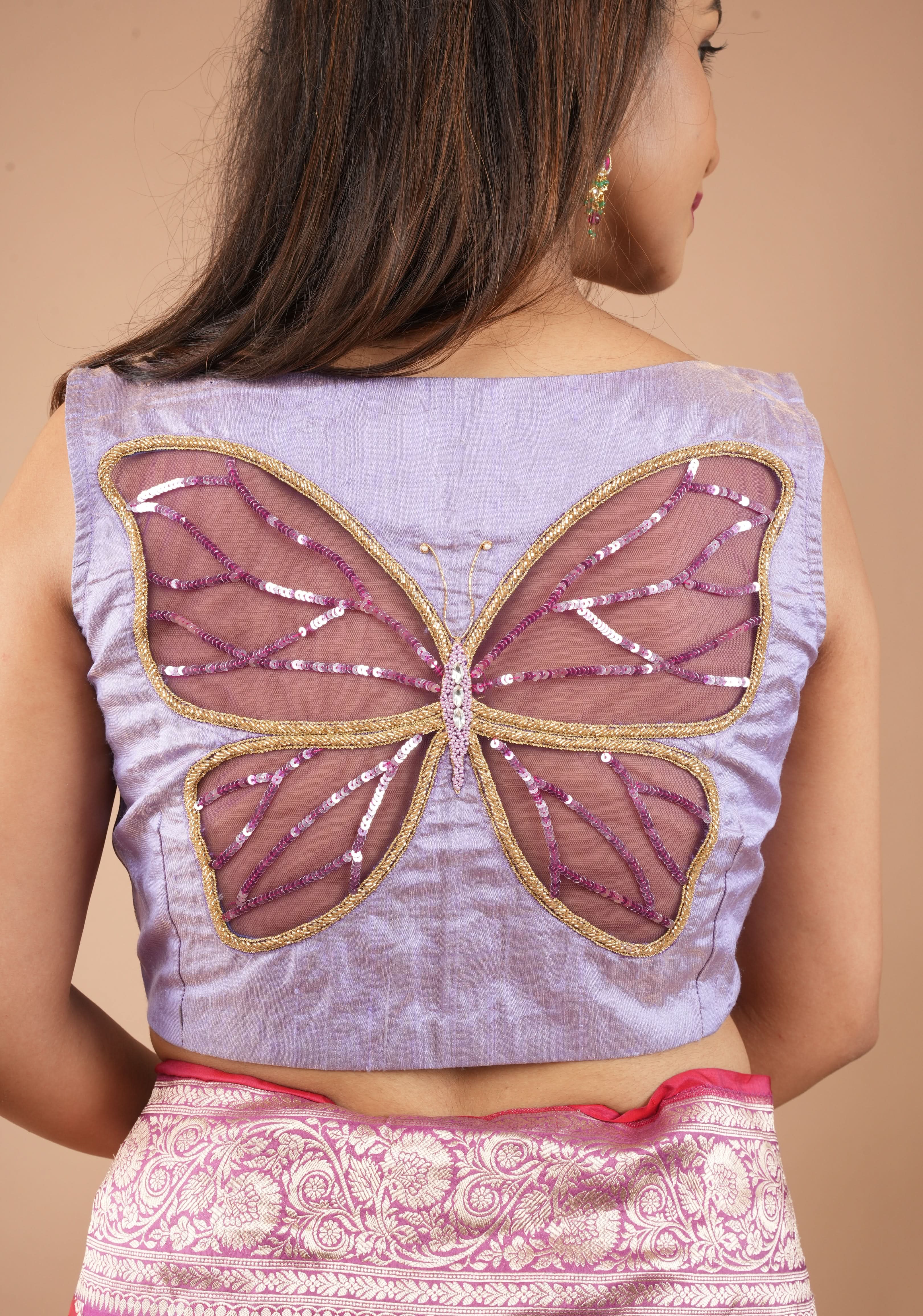 Lavender Pure Tissue Raw Silk blouse with Butterfly Cutout tone on tone embellishments, customizable, made to order | Shobitam