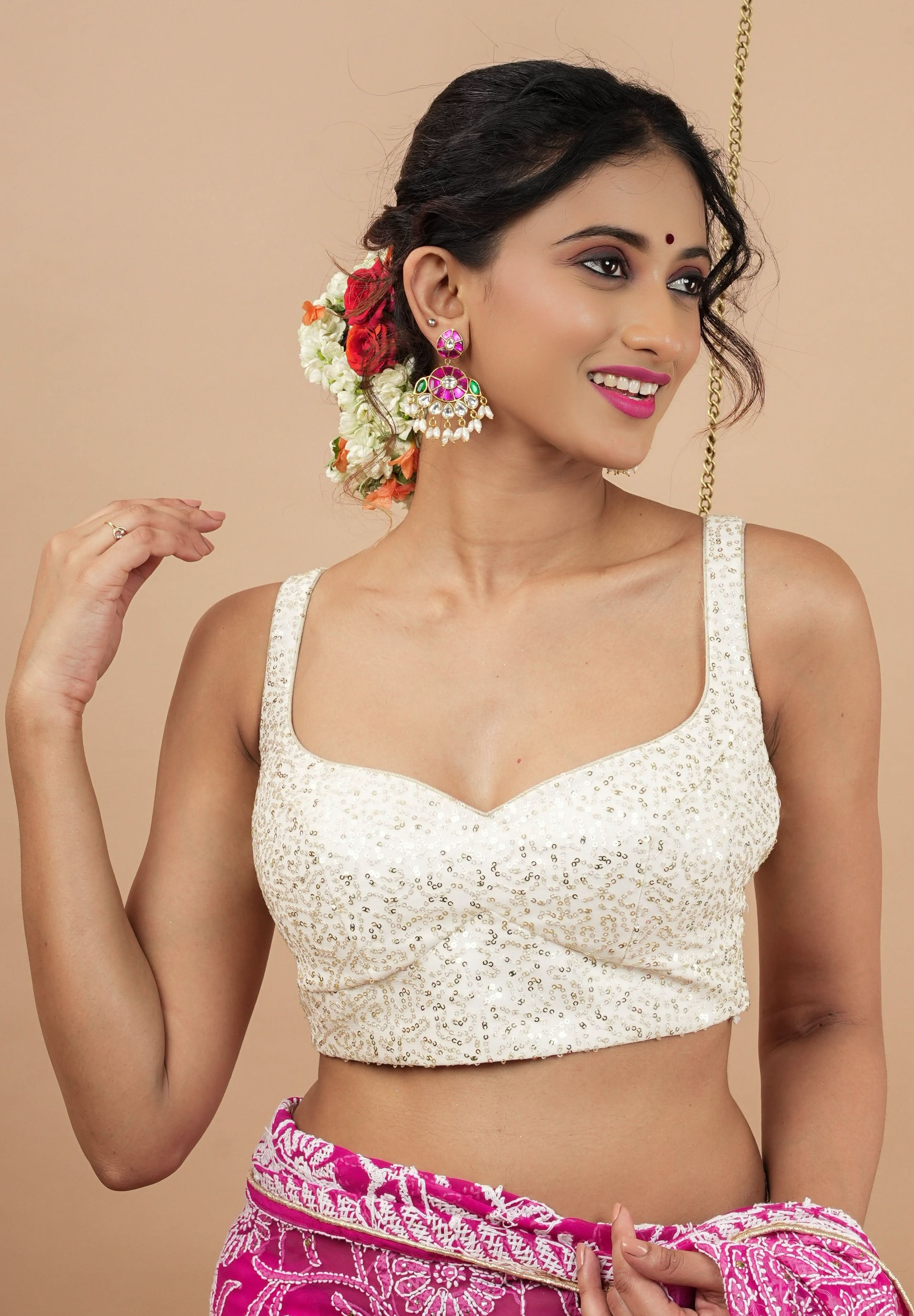 White and Gold Sequin on Net wide leaf neck sleeveless blouse, Made to Order | Shobitam