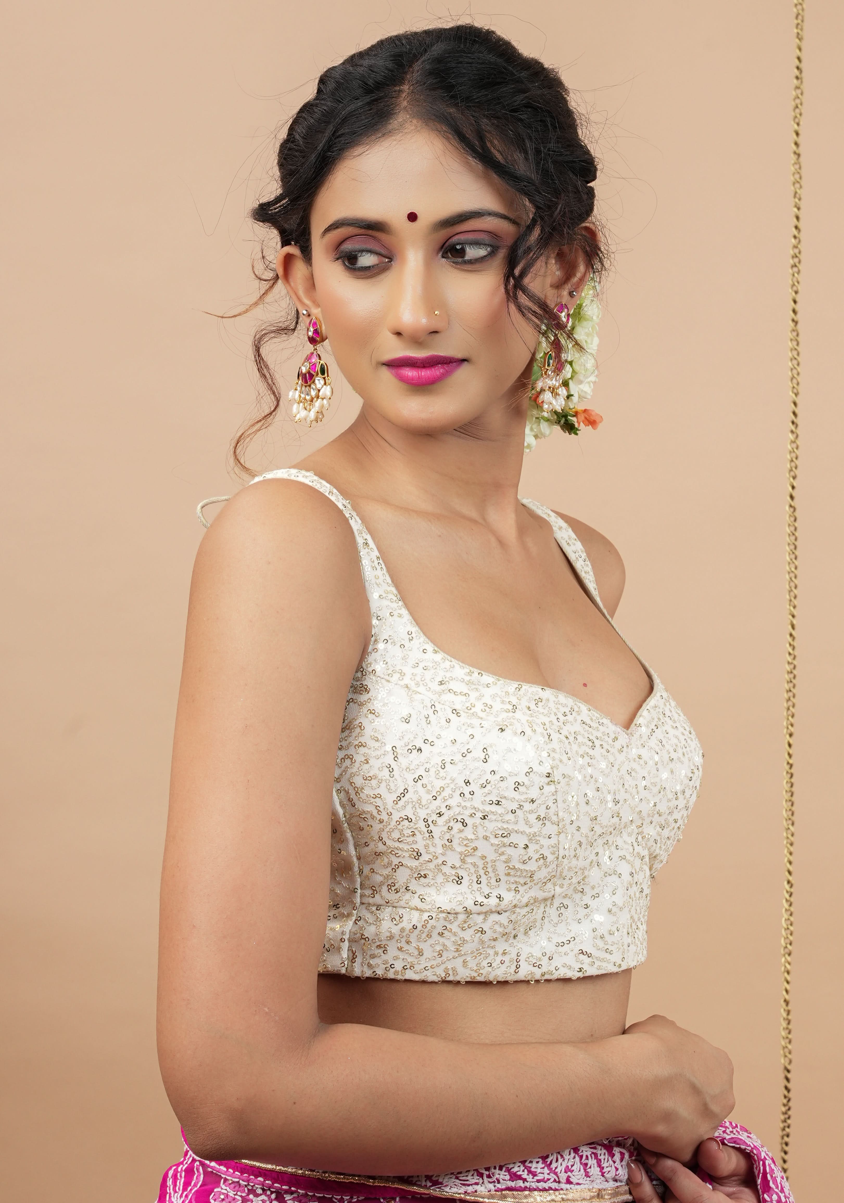White and Gold Sequin on Net wide leaf neck sleeveless blouse, Made to Order | Shobitam