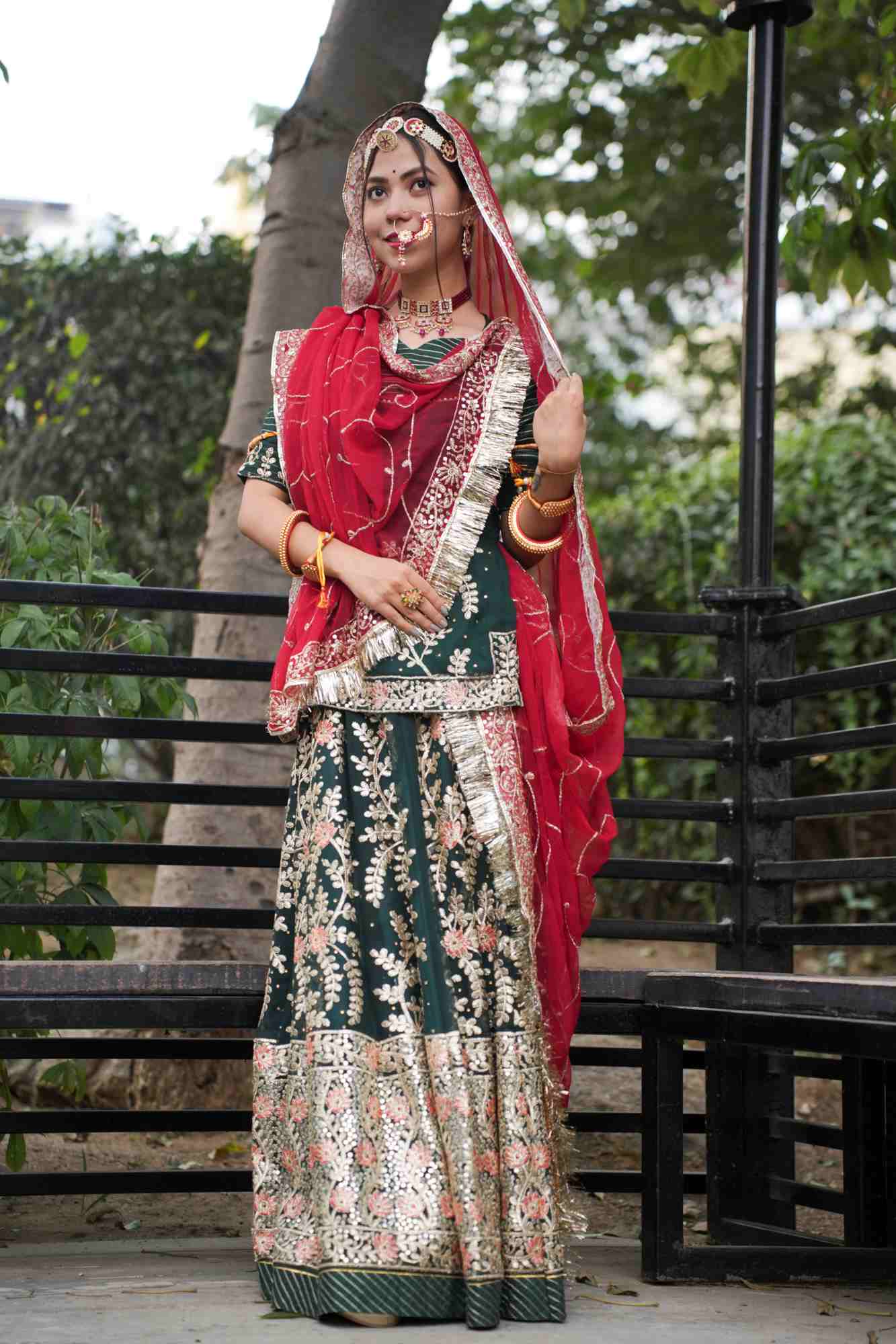 Crimson Green Traditional Fully Stitched, Ready to Wear Rajasthani Rajputi Poshak