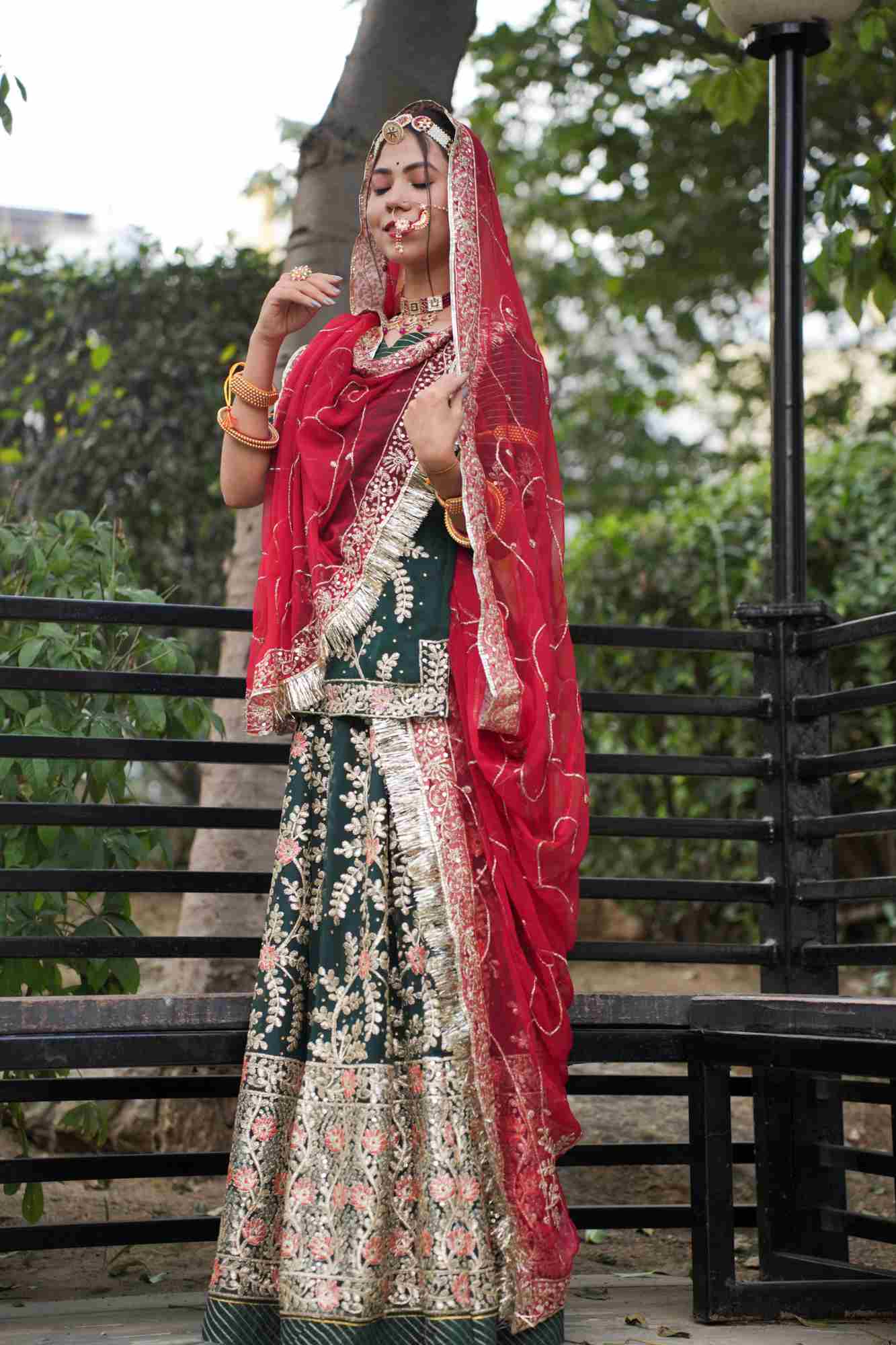 Crimson Green Traditional Fully Stitched, Ready to Wear Rajasthani Rajputi Poshak