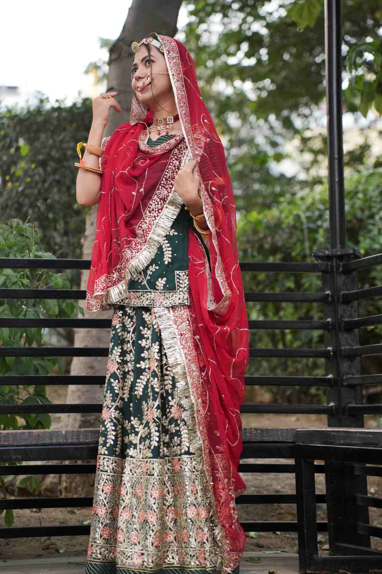 Crimson Green Traditional Fully Stitched, Ready to Wear Rajasthani Rajputi Poshak