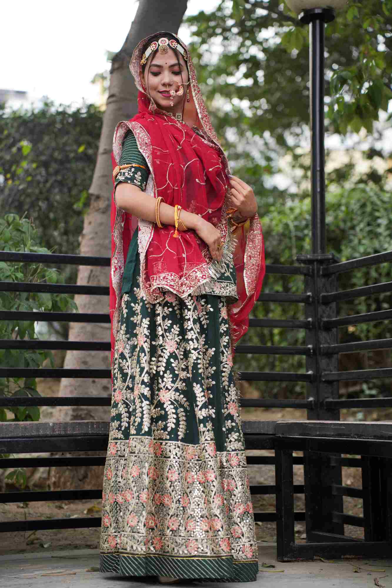 Crimson Green Traditional Fully Stitched, Ready to Wear Rajasthani Rajputi Poshak