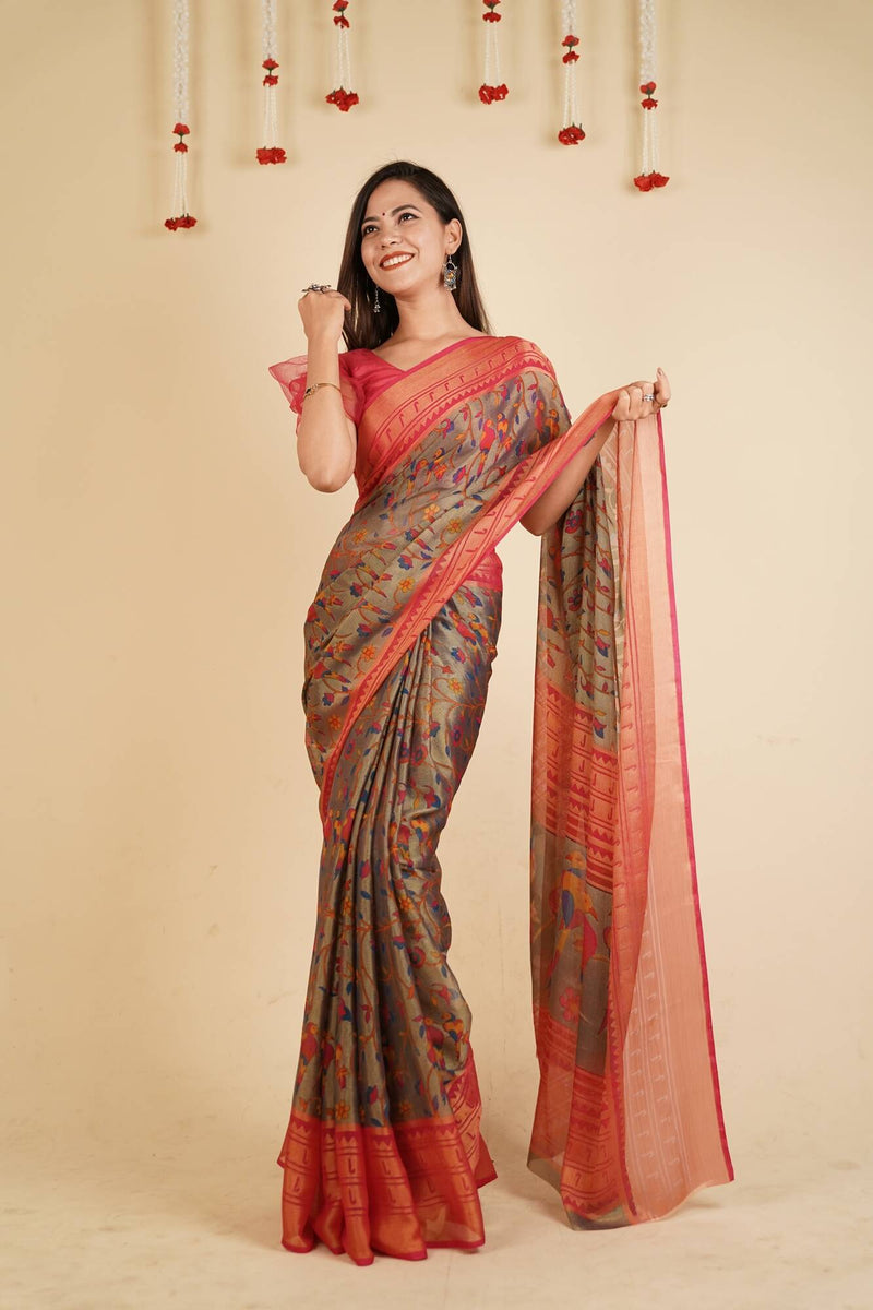 Ready To Wear Chiffons Brasso Printed Wrap in 1 minute saree With Readymade Blouse - Isadora Life Online Shopping Store
