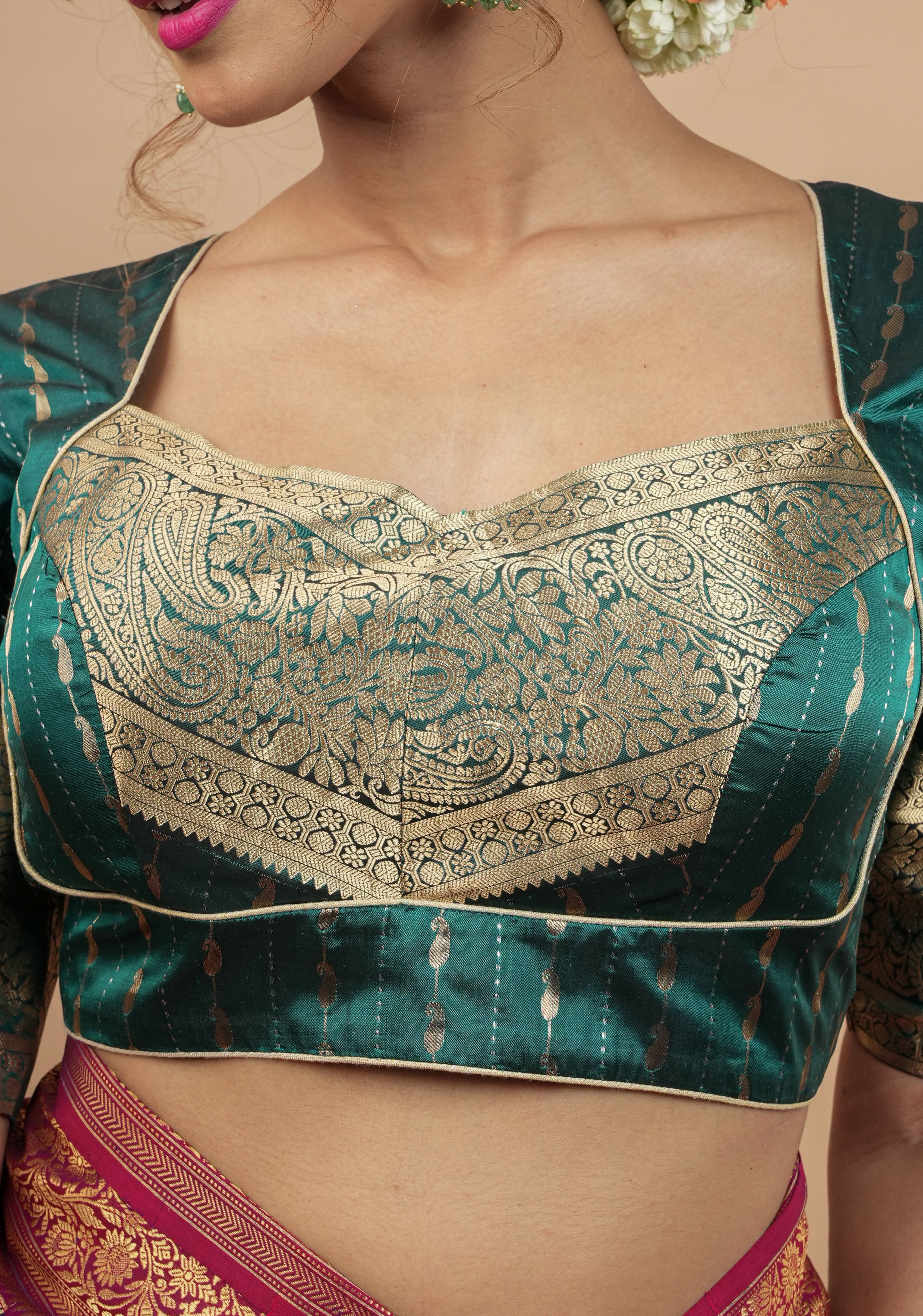 Peacock Blue Banarasi buti blouse with zari yoke detailing, made to order | Shobitam