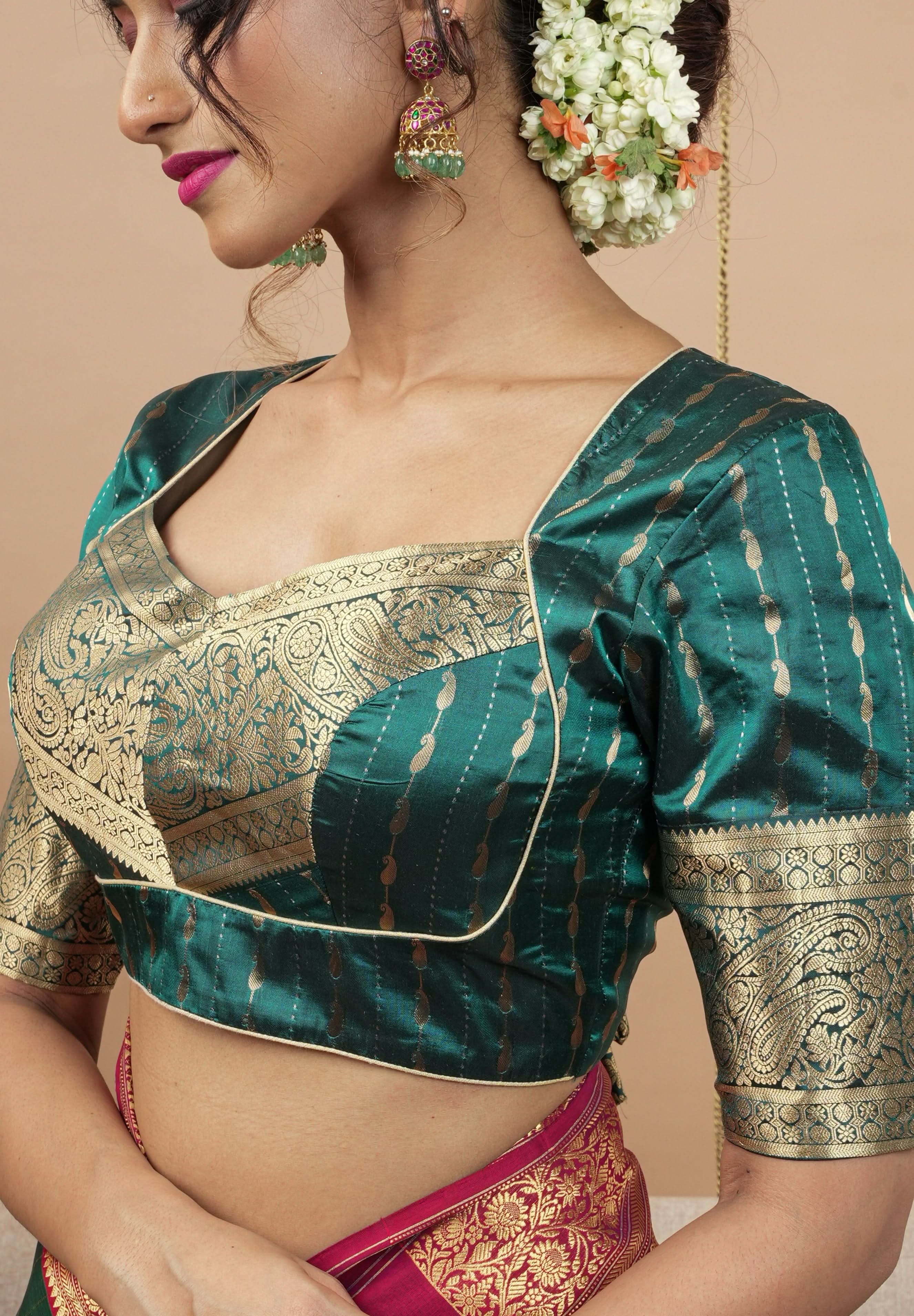 Peacock Blue Banarasi buti blouse with zari yoke detailing, made to order | Shobitam