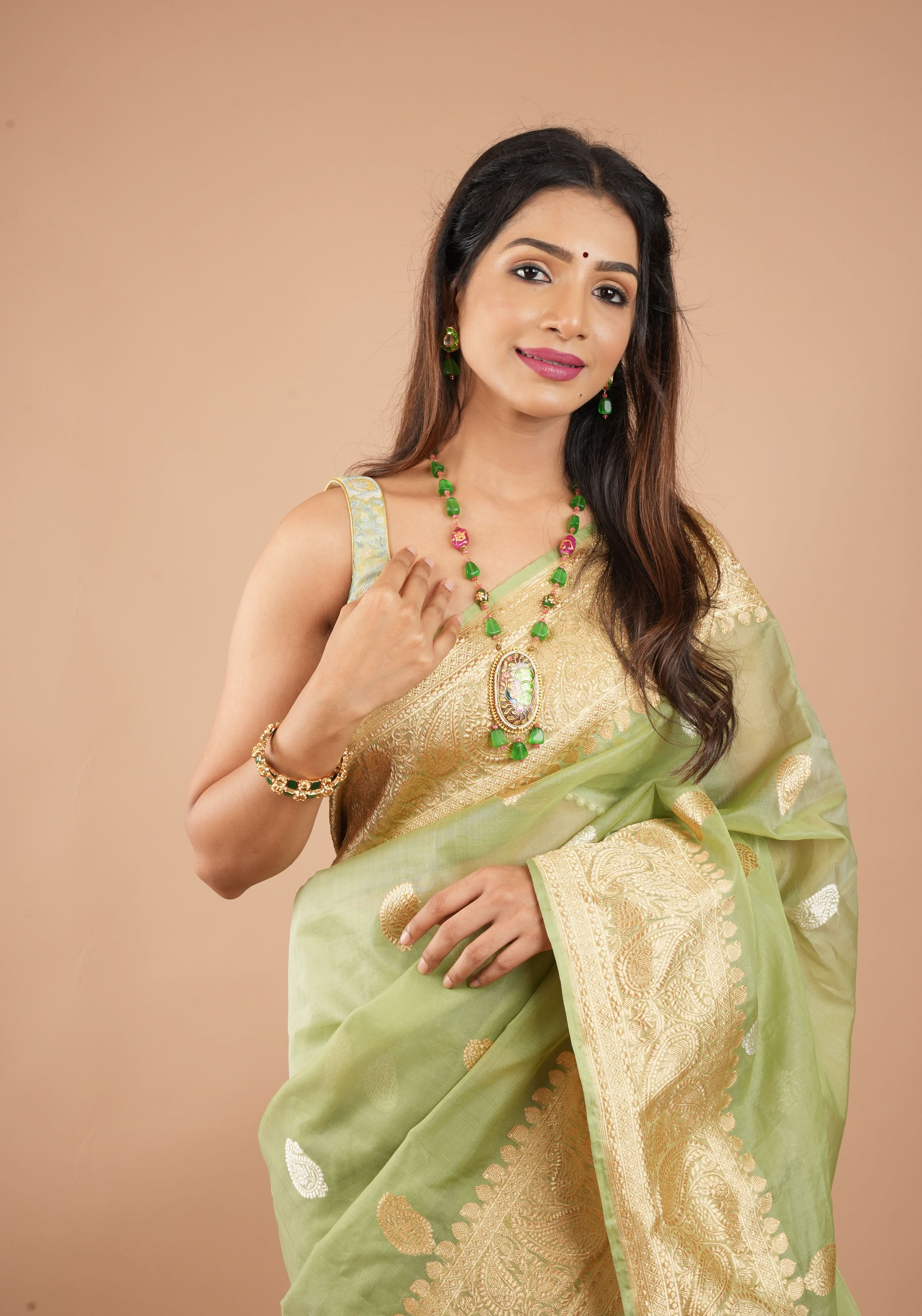 Green beads Necklace Set with Meenakari Hand painted Peacock Design Pendant | Shobitam