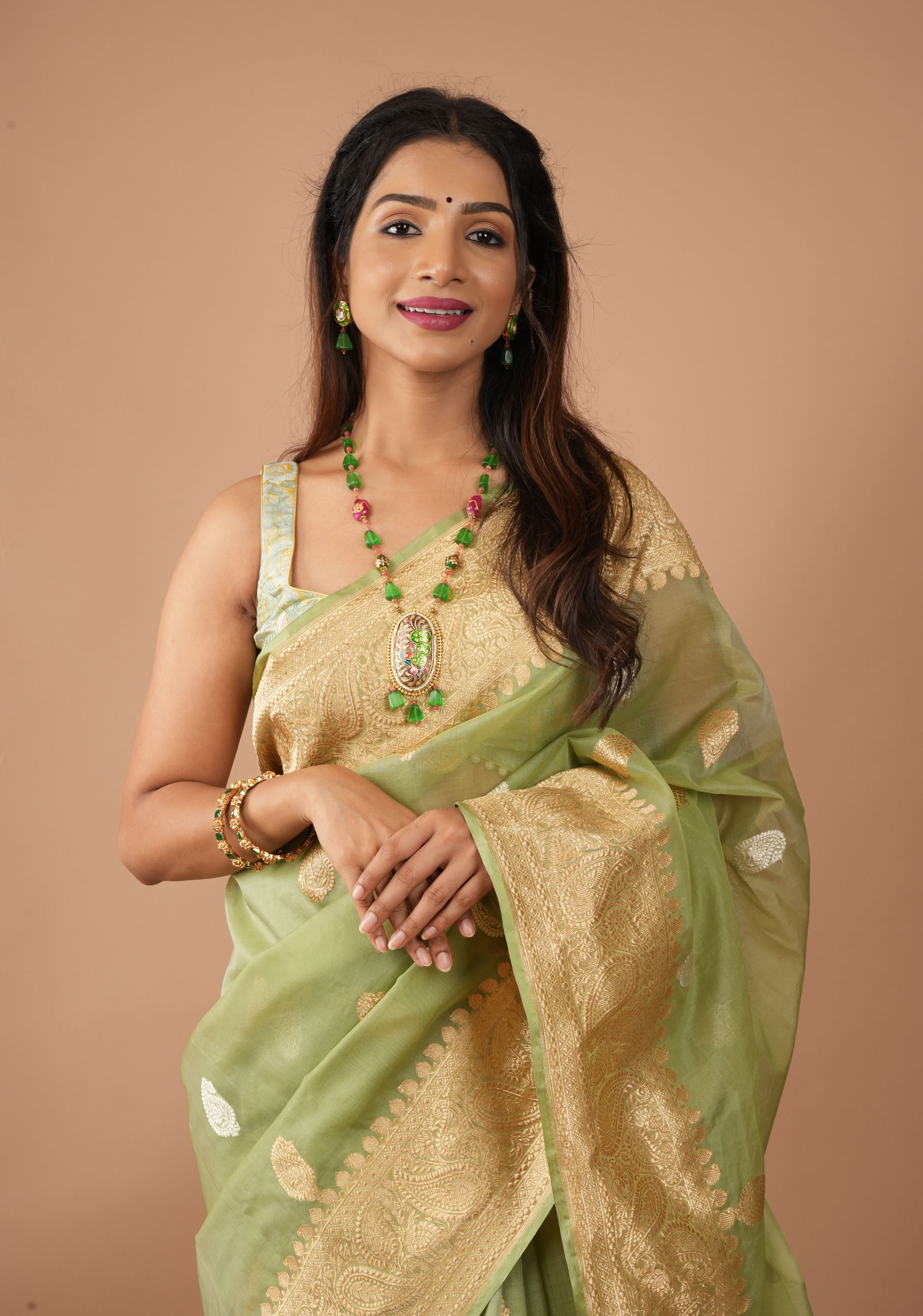 Green beads Necklace Set with Meenakari Hand painted Peacock Design Pendant | Shobitam