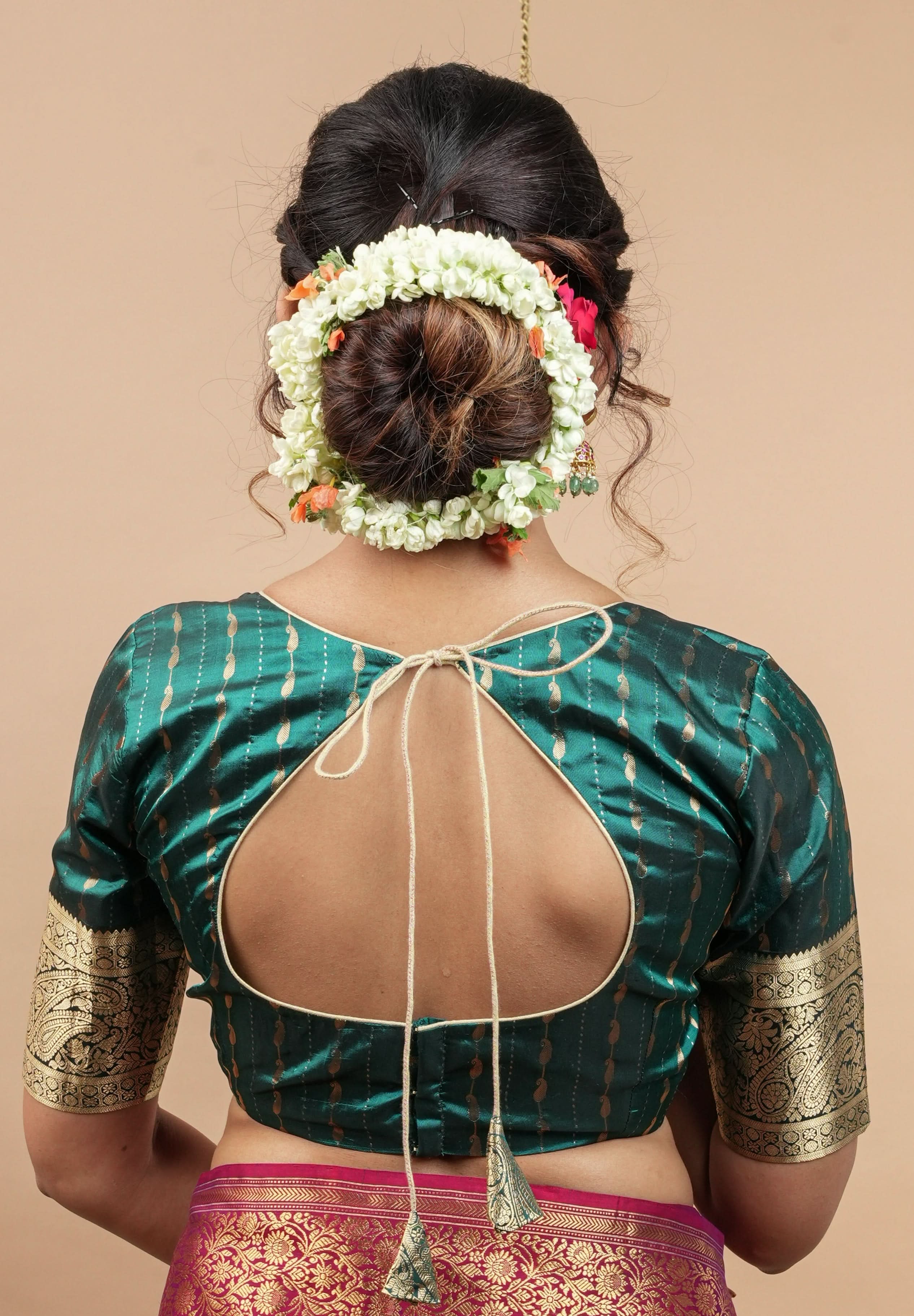 Peacock Blue Banarasi buti blouse with zari yoke detailing, made to order | Shobitam