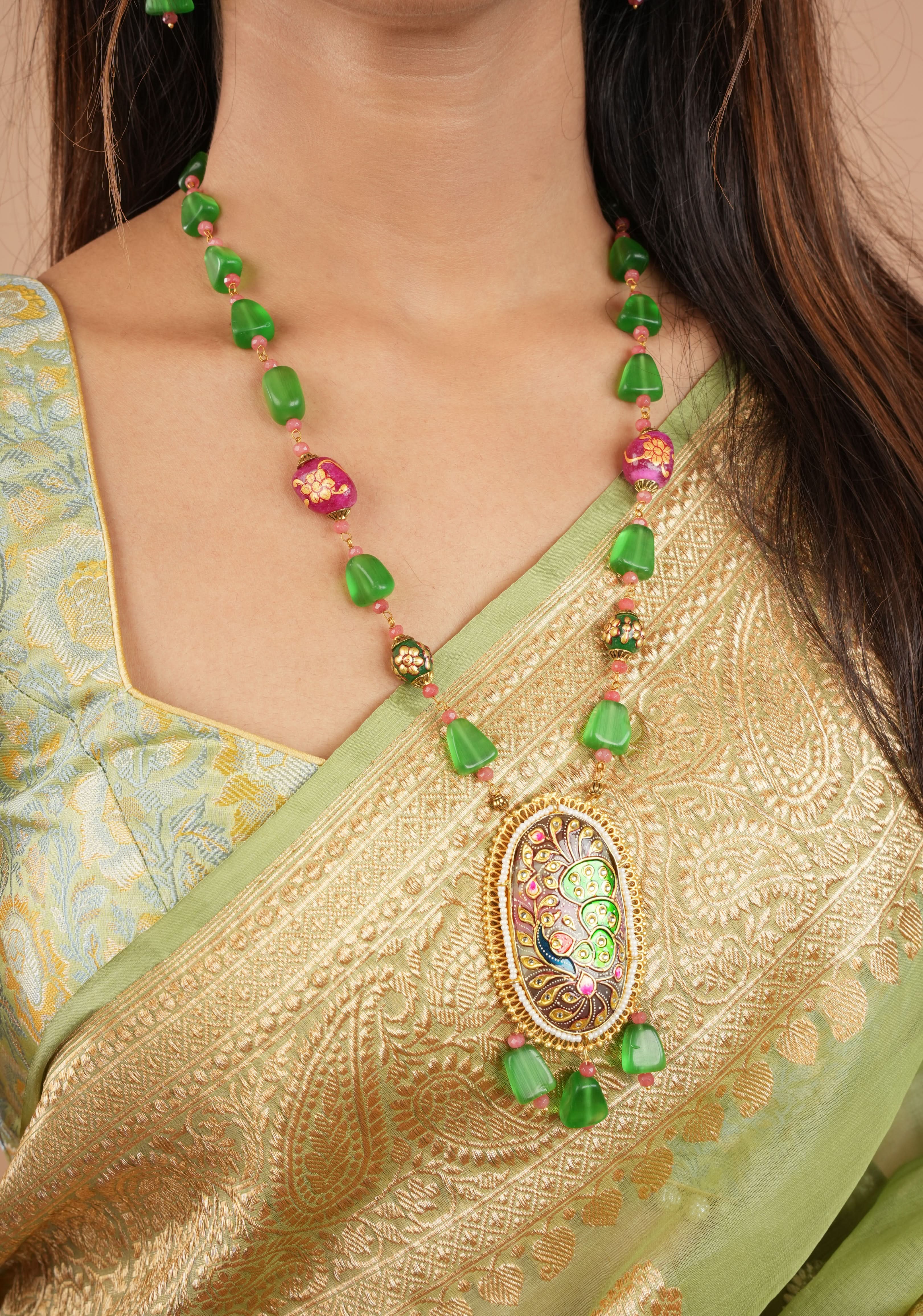 Green beads Necklace Set with Meenakari Hand painted Peacock Design Pendant | Shobitam