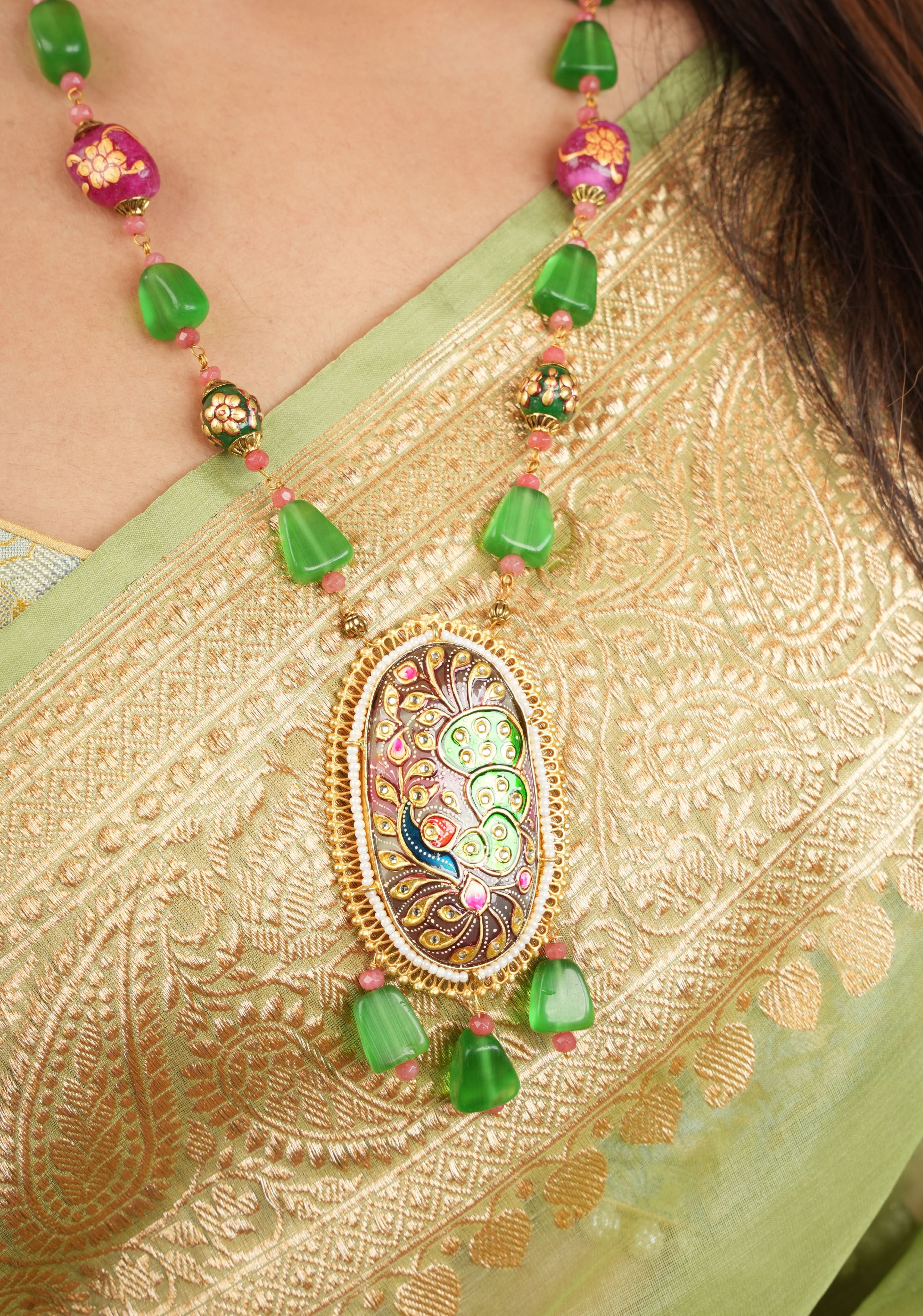 Green beads Necklace Set with Meenakari Hand painted Peacock Design Pendant | Shobitam
