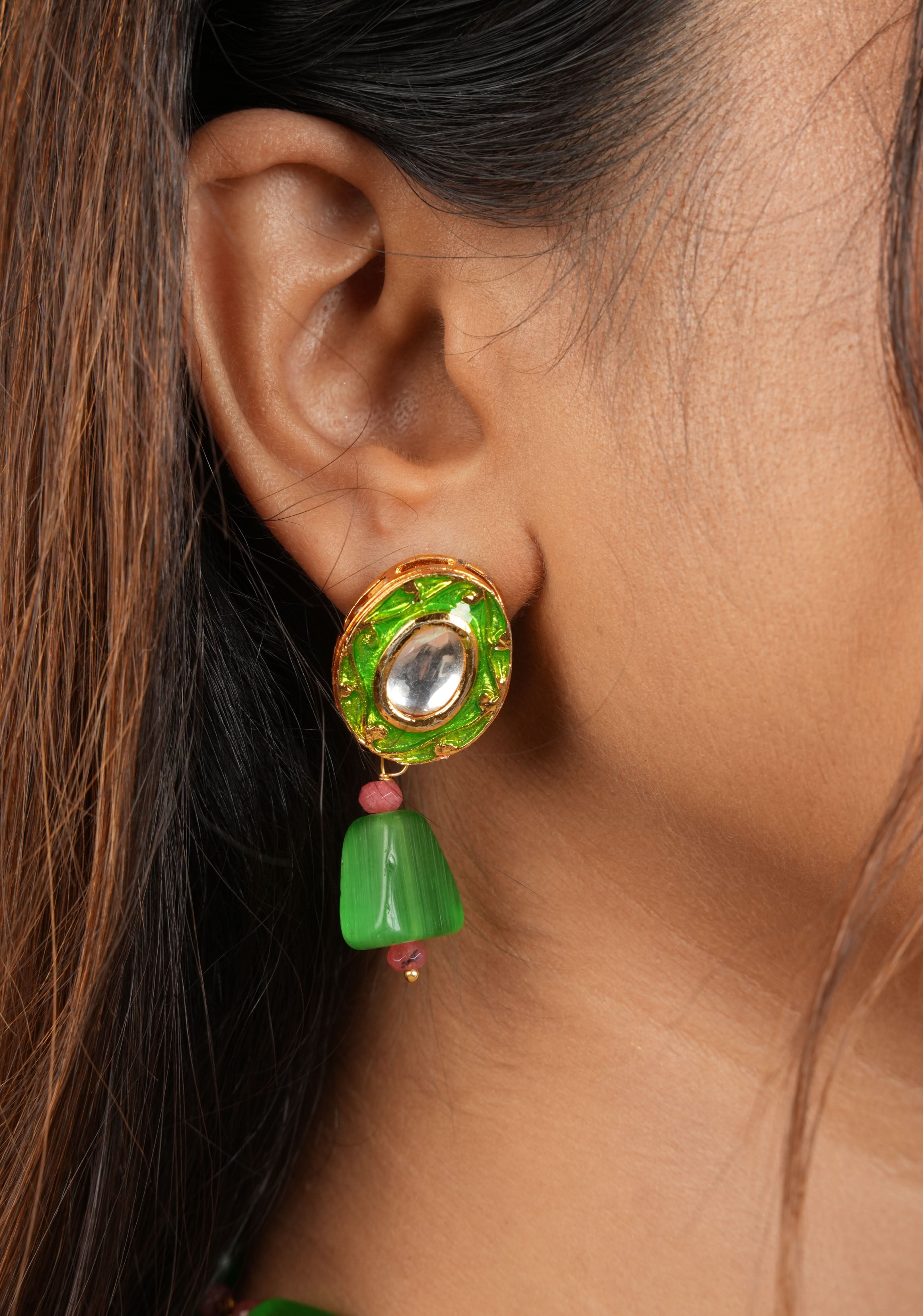 Green beads Necklace Set with Meenakari Hand painted Peacock Design Pendant | Shobitam