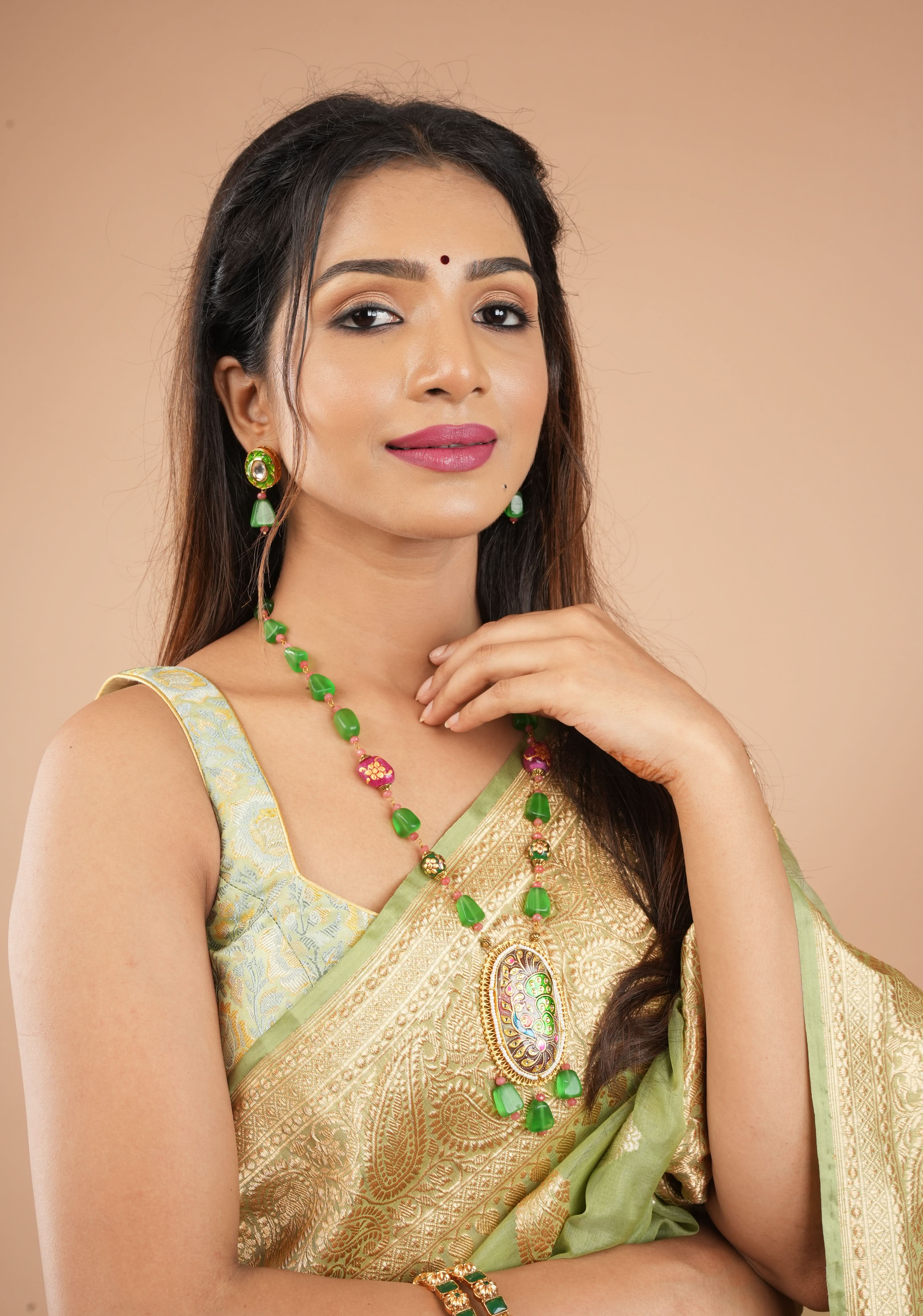 Green beads Necklace Set with Meenakari Hand painted Peacock Design Pendant | Shobitam