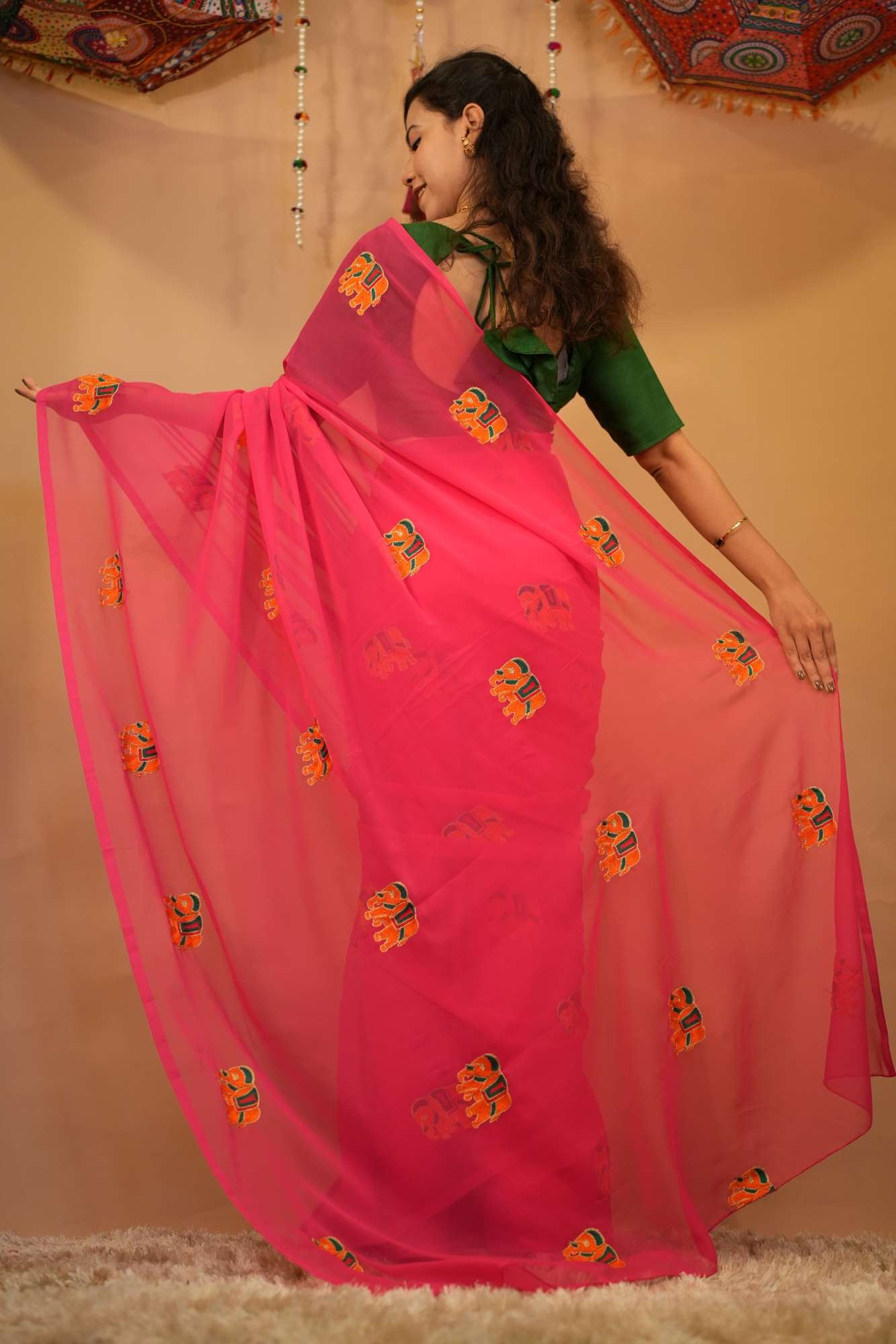 Soft Elegant Pink Georgette Gamthi Thread Elephant Embroidered  Wrap in 1 minute Saree