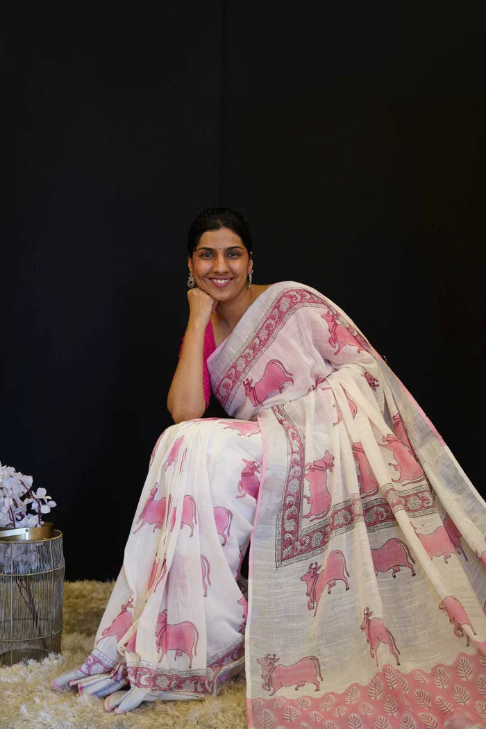 White Beautiful Soft Cotton Mulmul Pichwai Block Printed With Border Wrap In One Minute Saree