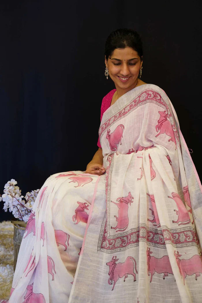White Beautiful Soft Cotton Mulmul Pichwai Block Printed With Border Wrap In One Minute Saree