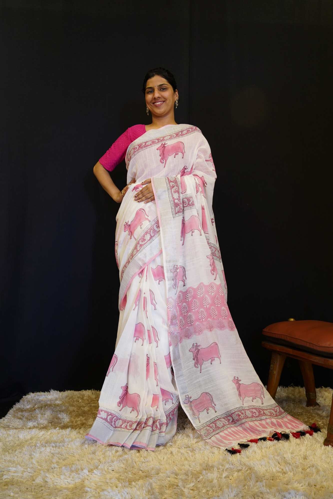Beautiful Soft Cotton Mulmul Animal Block Printed With Border Wrap In One Minute Saree