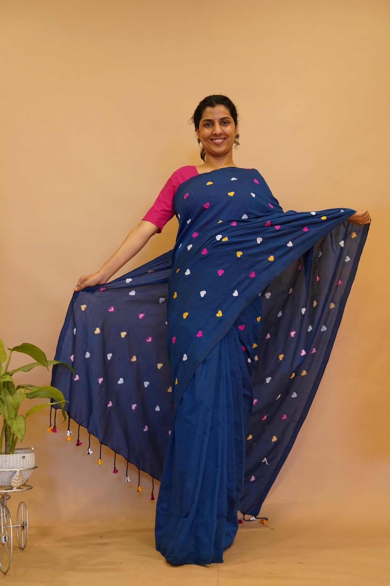 Beautiful Blue With  Multicolor Heart Embroidered Overall Soft Khadi Cotton & Tassels On Pallu Ready To Wear Saree