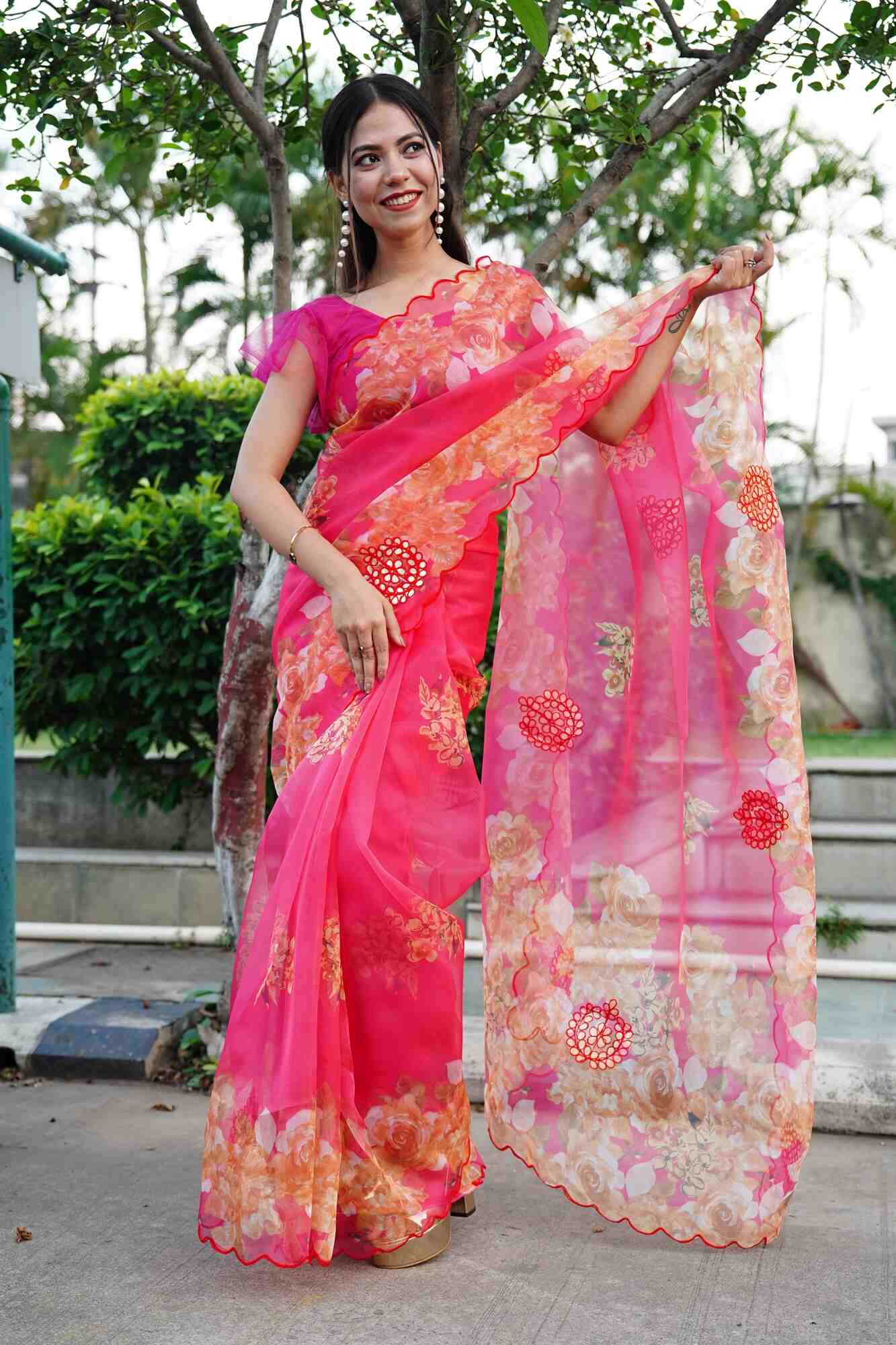 Ready To Wear Organza With scalloped Border & Gota Emboridery  Wrap in 1 minute saree With Readymade Blouse - Isadora Life Online Shopping Store