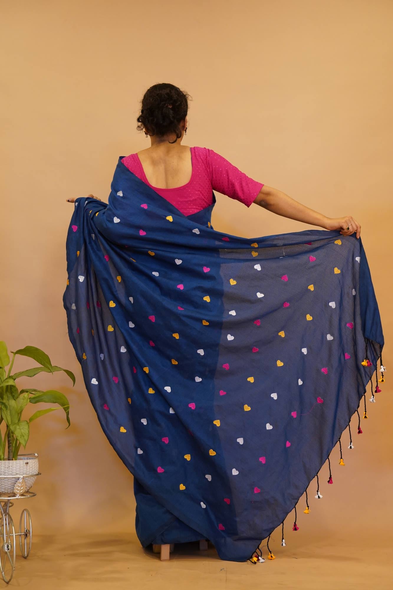 Beautiful Blue With  Multicolor Heart Embroidered Overall Soft Khadi Cotton & Tassels On Pallu Ready To Wear Saree