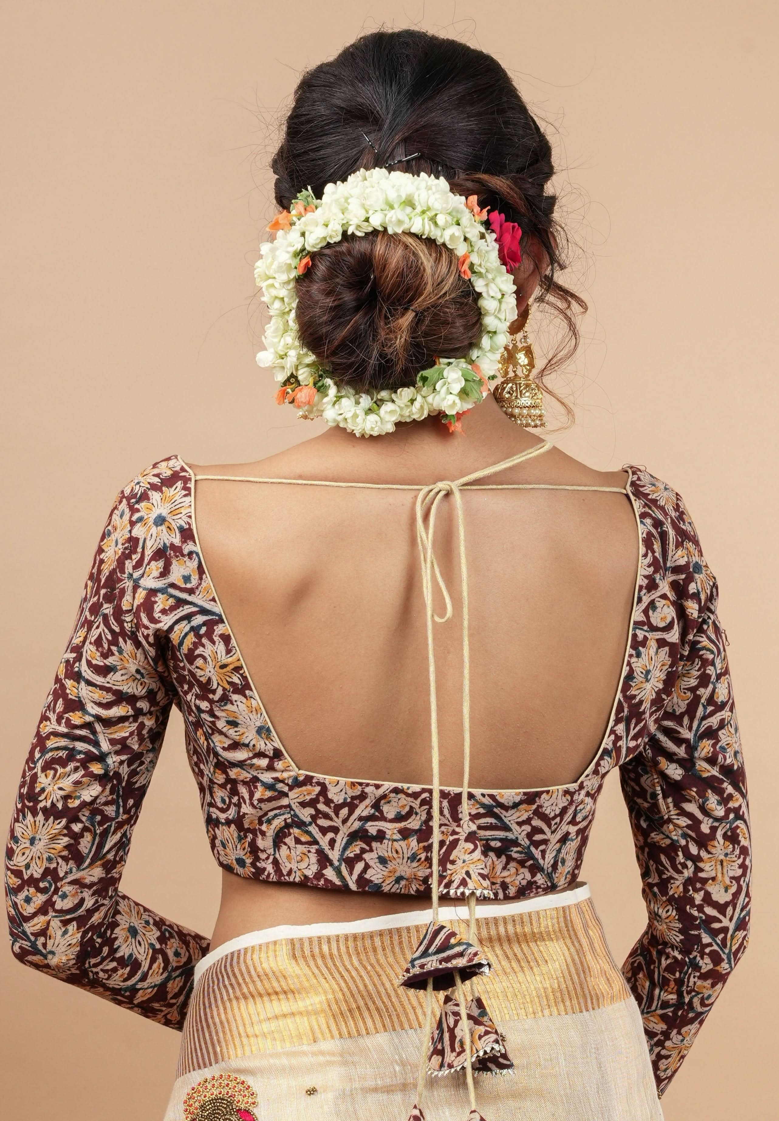 Kalamkari block print blouse with front slit design and full sleeves ,made to order | Shobitam