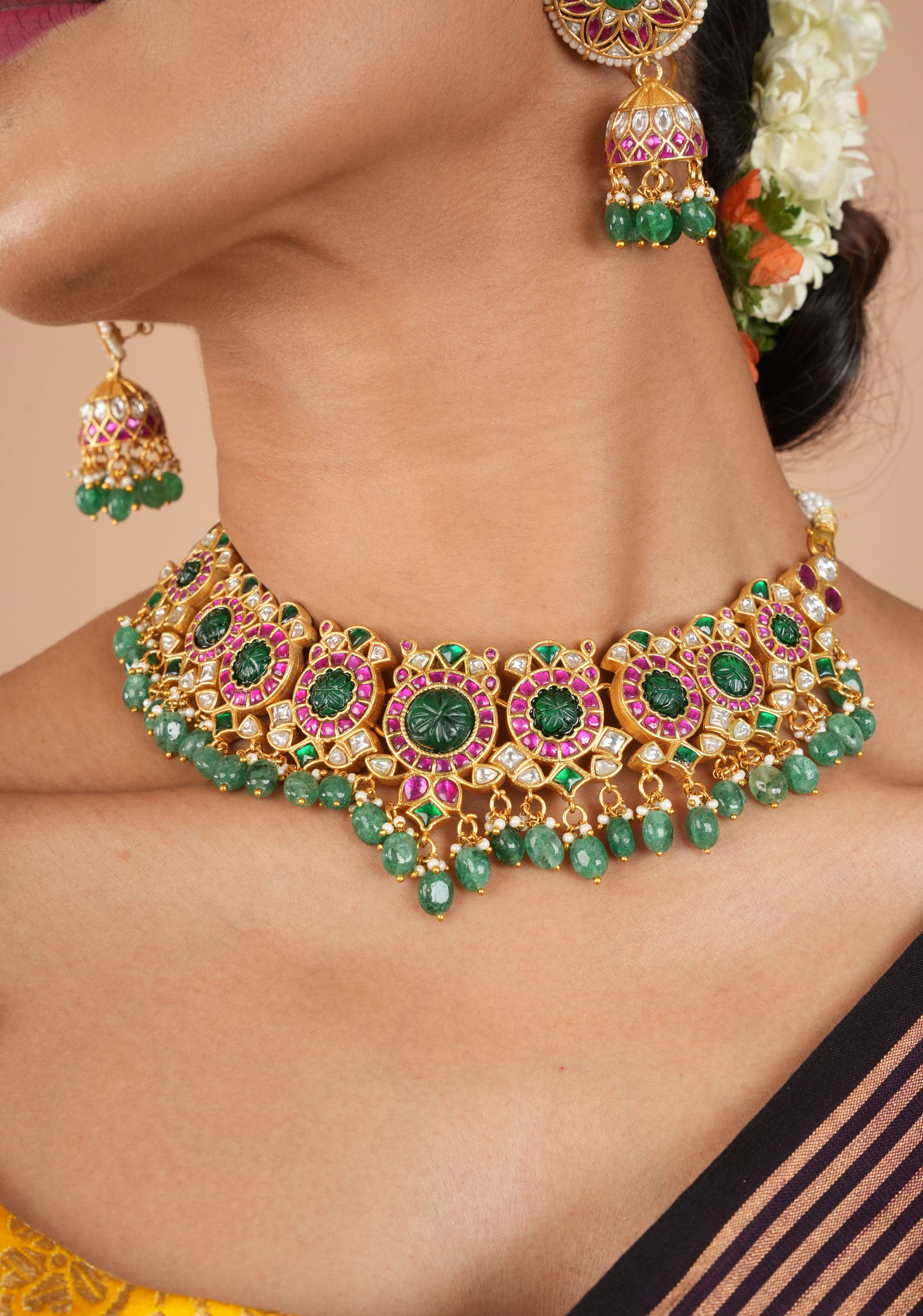 Green Craving Stone Jadau Kundan Pearls Choker Set with Dangling Green Beads and Jhumka Earrings | SHOBITAM