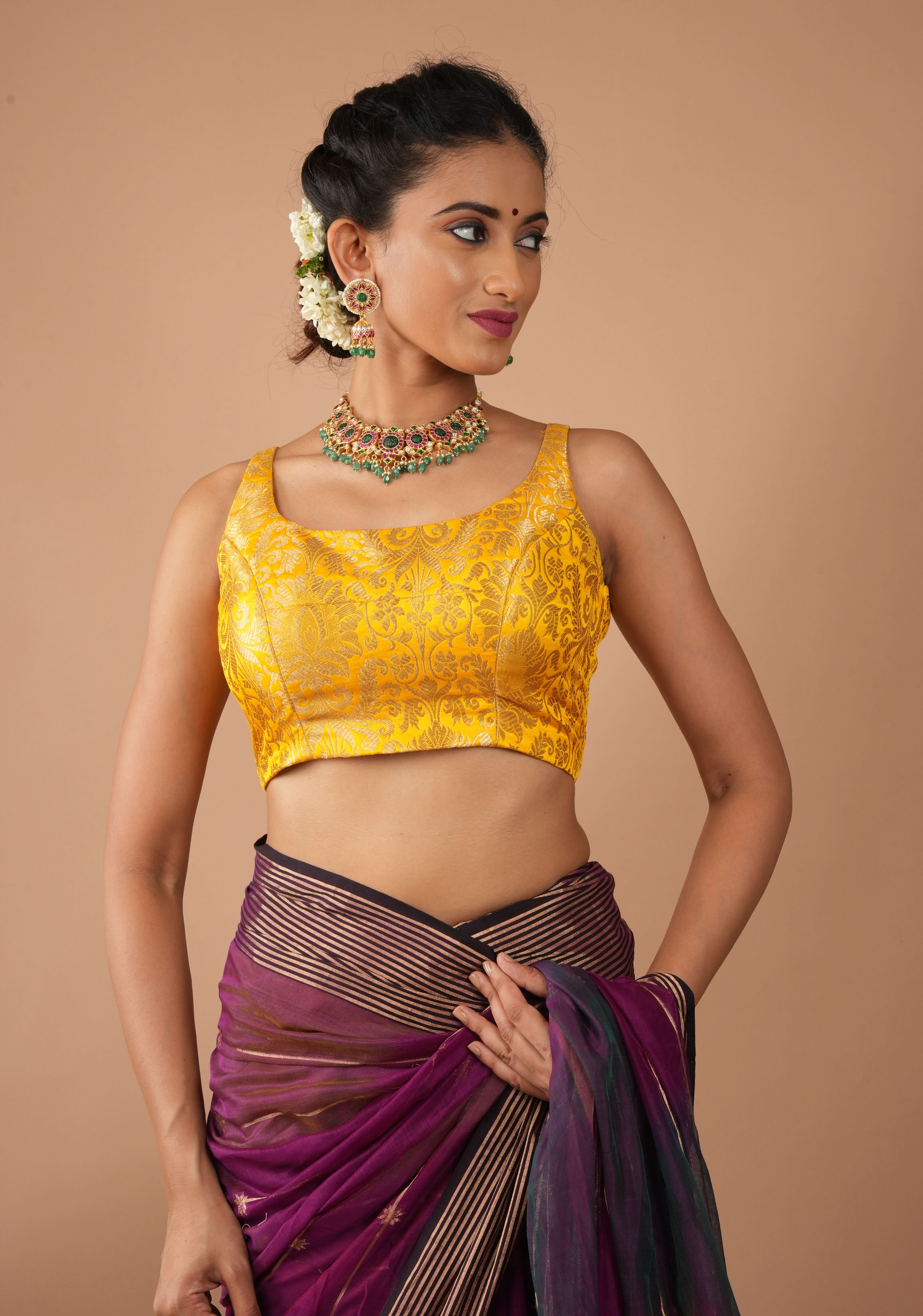 Yellow Banarasi brocade sleeveless mix and match blouse, customizable, made-to-order | Shobitam