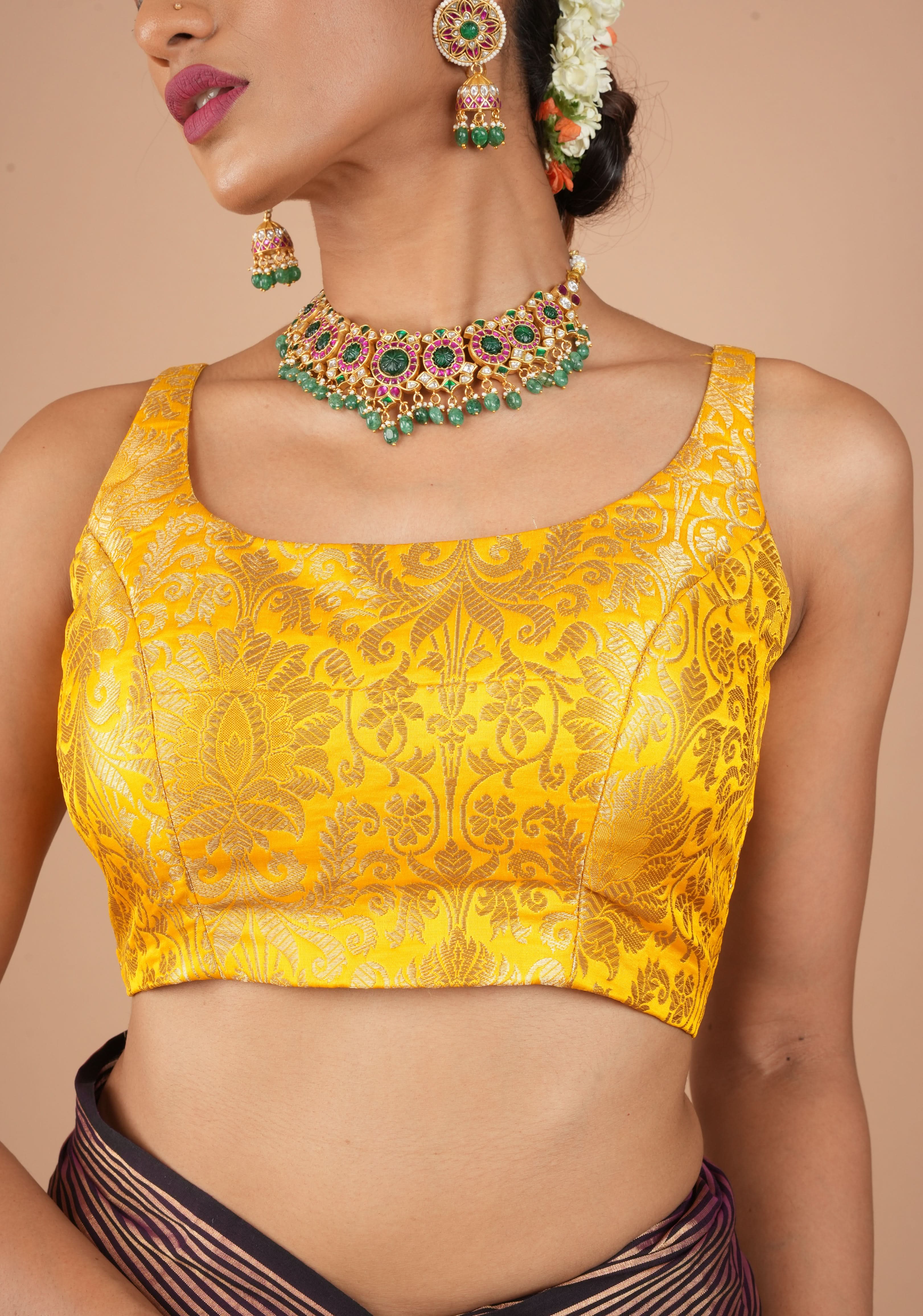 Yellow Banarasi brocade sleeveless mix and match blouse, customizable, made-to-order | Shobitam