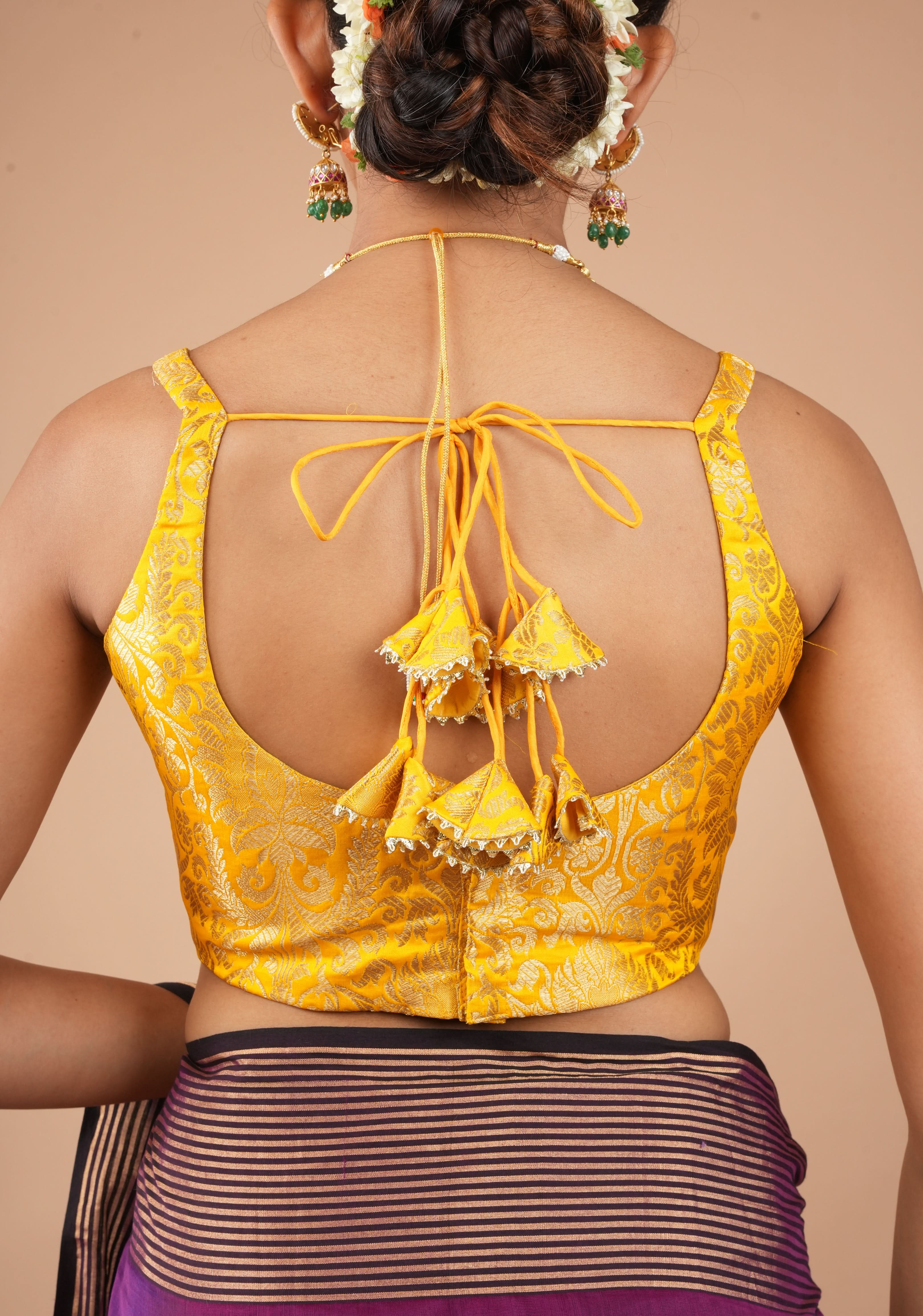 Yellow Banarasi brocade sleeveless mix and match blouse, customizable, made-to-order | Shobitam