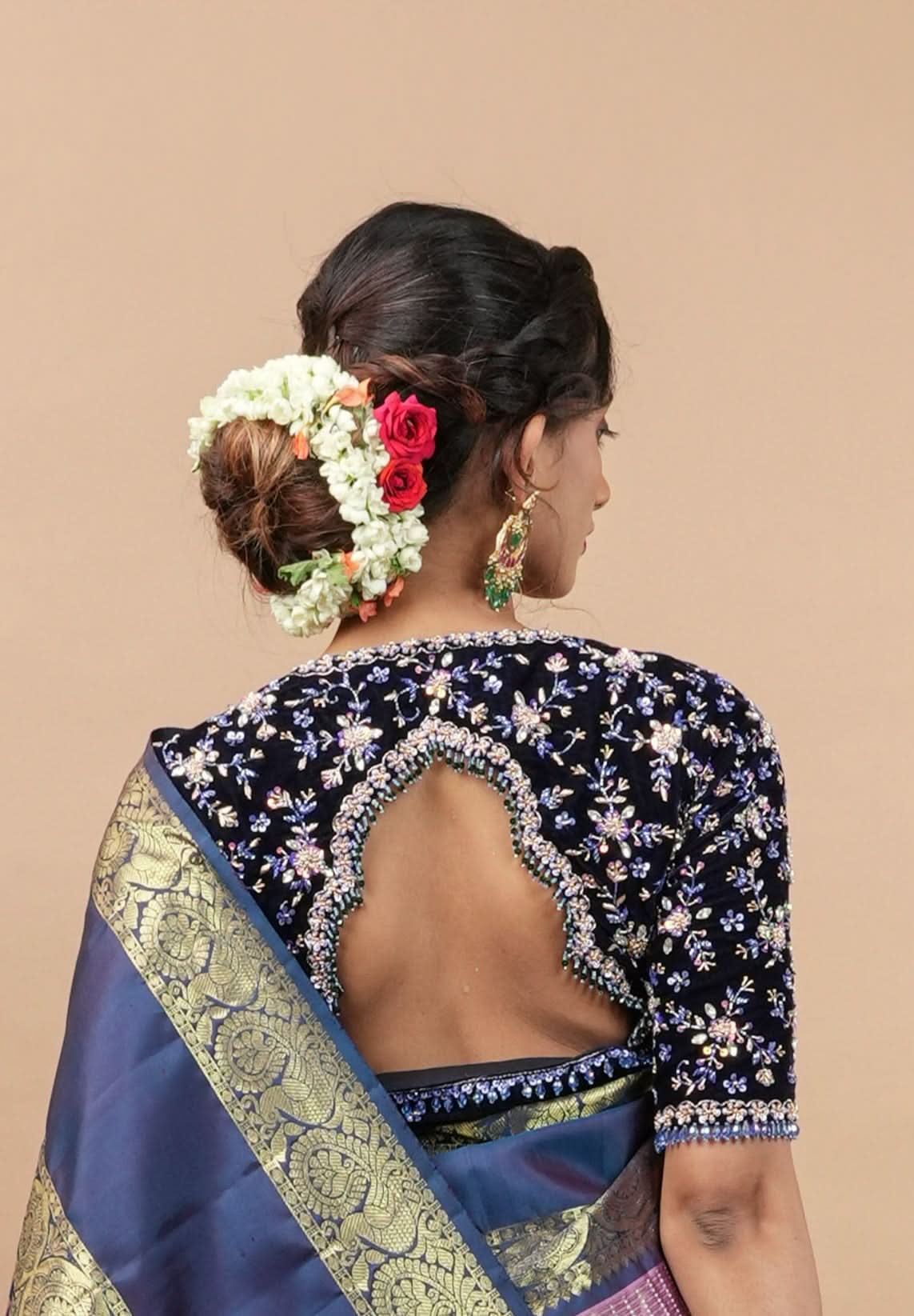 Exquisite Jadau Blouse sequin and crystal handwork on navy blue velvet blouse , Made to Order | Shobitam
