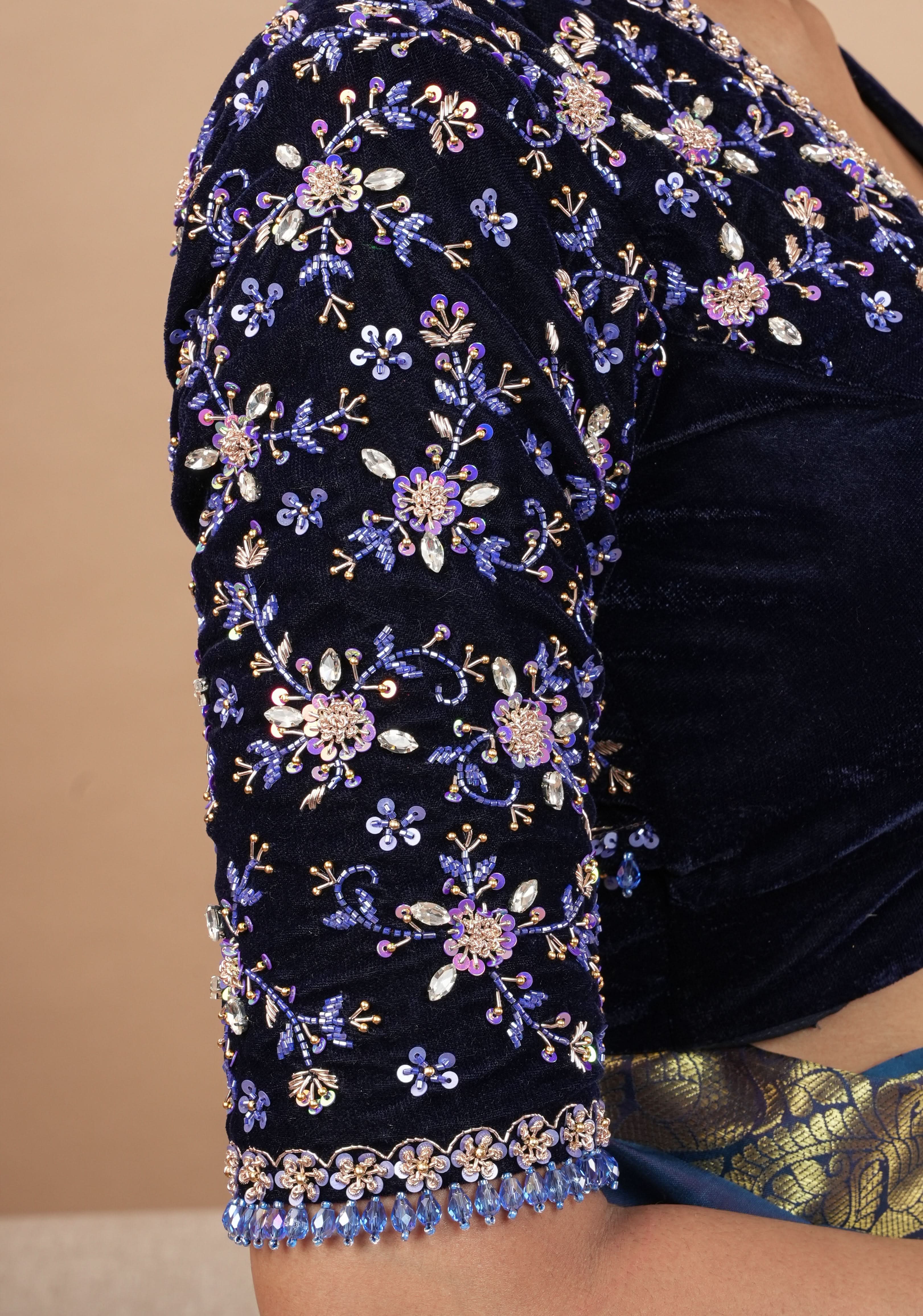 Exquisite Jadau Blouse sequin and crystal handwork on navy blue velvet blouse , Made to Order | Shobitam