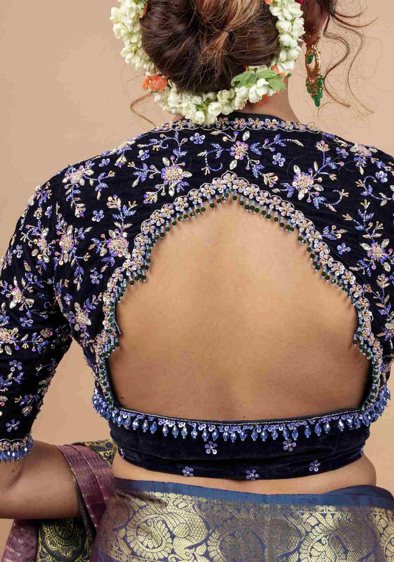 Exquisite Jadau Blouse sequin and crystal handwork on navy blue velvet blouse , Made to Order