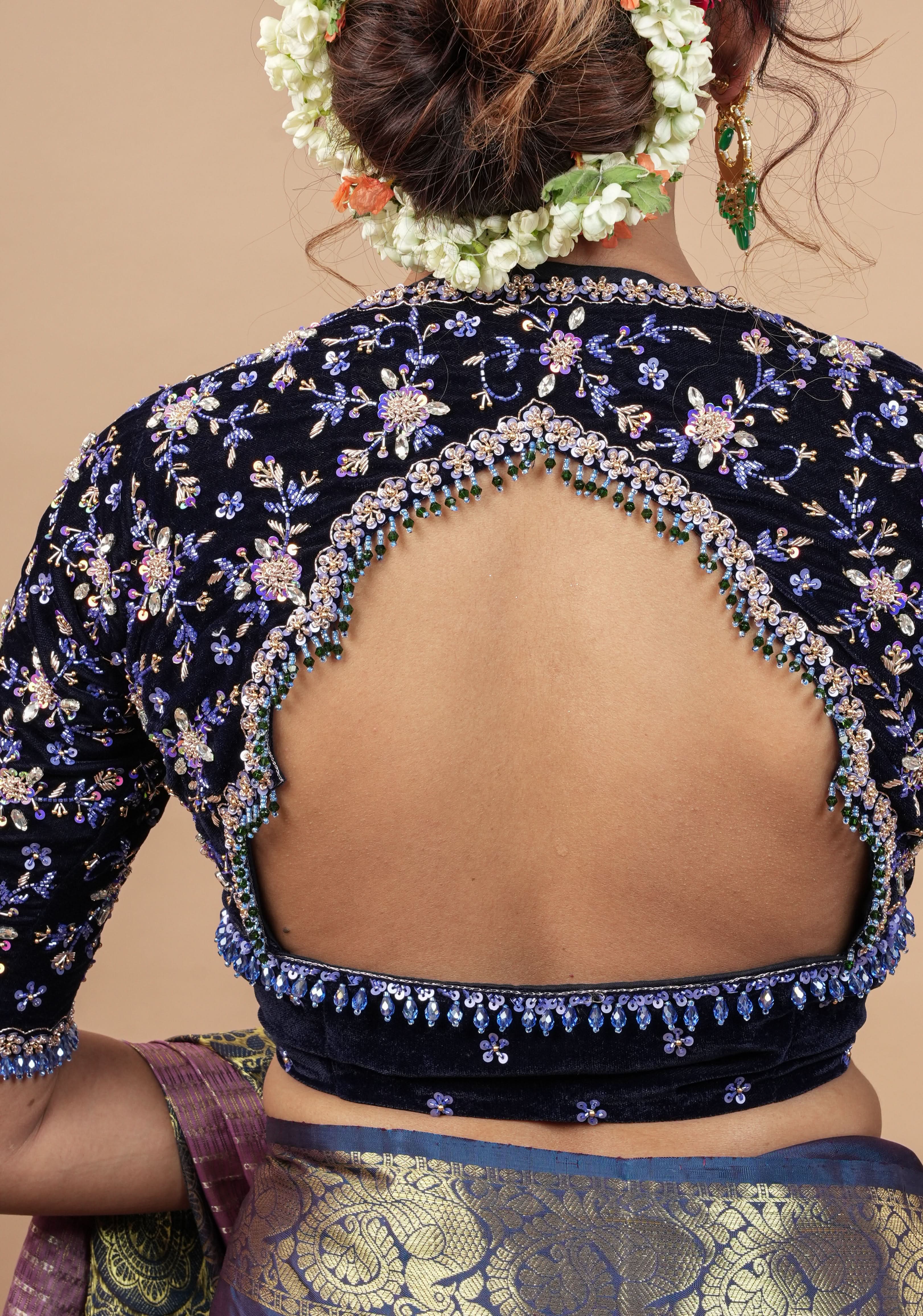 Exquisite Jadau Blouse sequin and crystal handwork on navy blue velvet blouse , Made to Order | Shobitam
