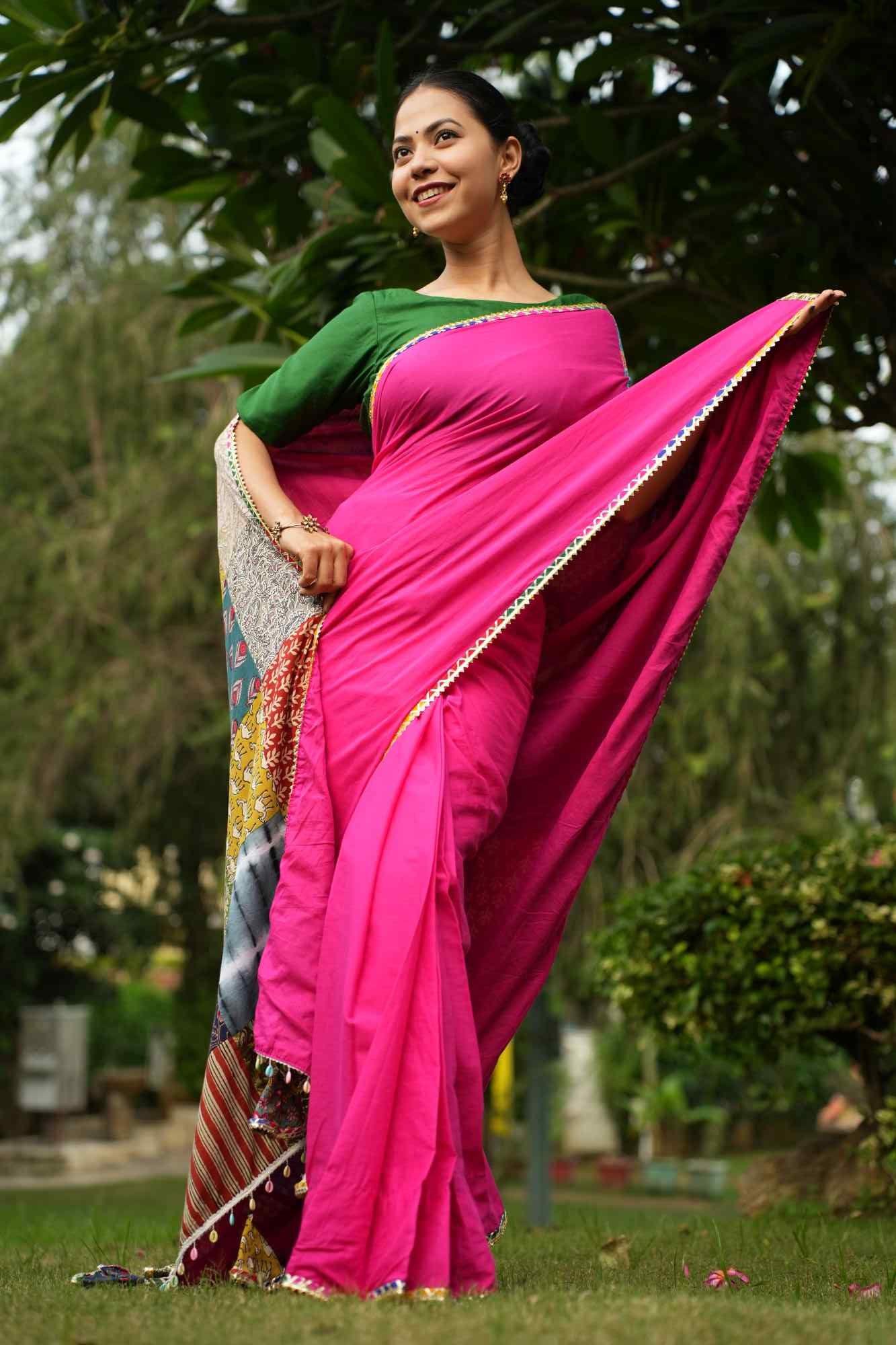 stylish Pink Vibrant Patch Work Saree With Styles Tassels on  Pallu  Pure Cotton Ready To Wear Saree