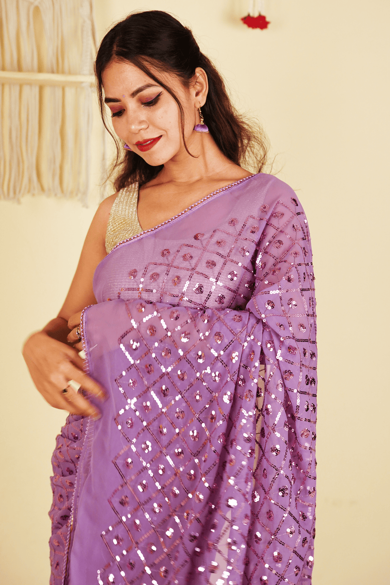Ready To Wear lavendar sequins sequence one minute saree With Readymade Blouse - Isadora Life Online Shopping Store