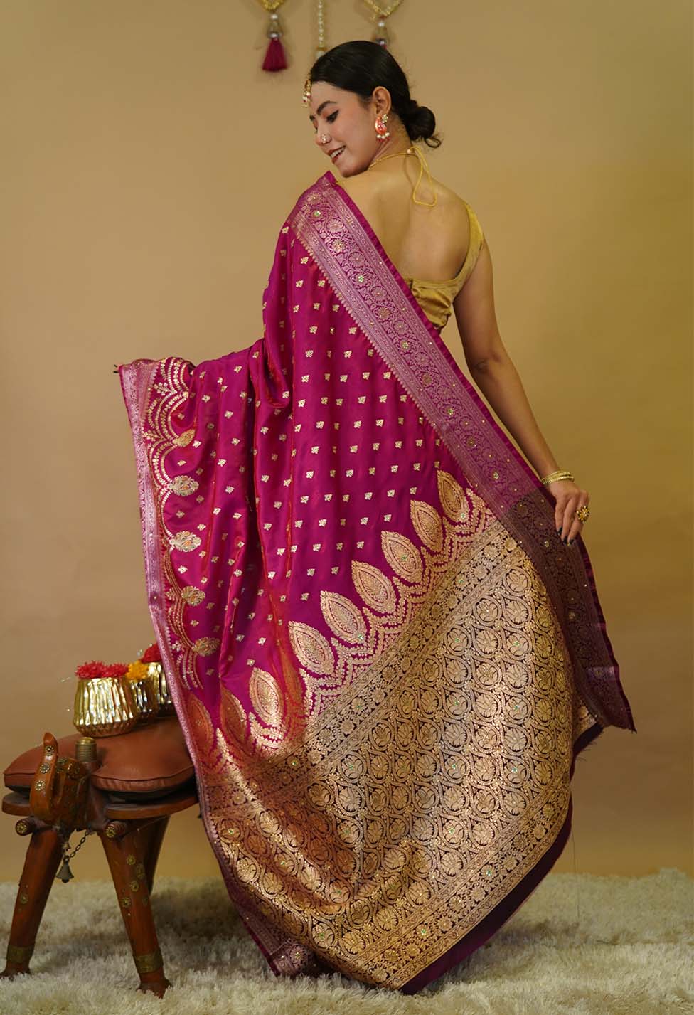 Satin silk With Zari Woven Buttis overll All & Stone Embedded Ornate Palla pre stitched Saree