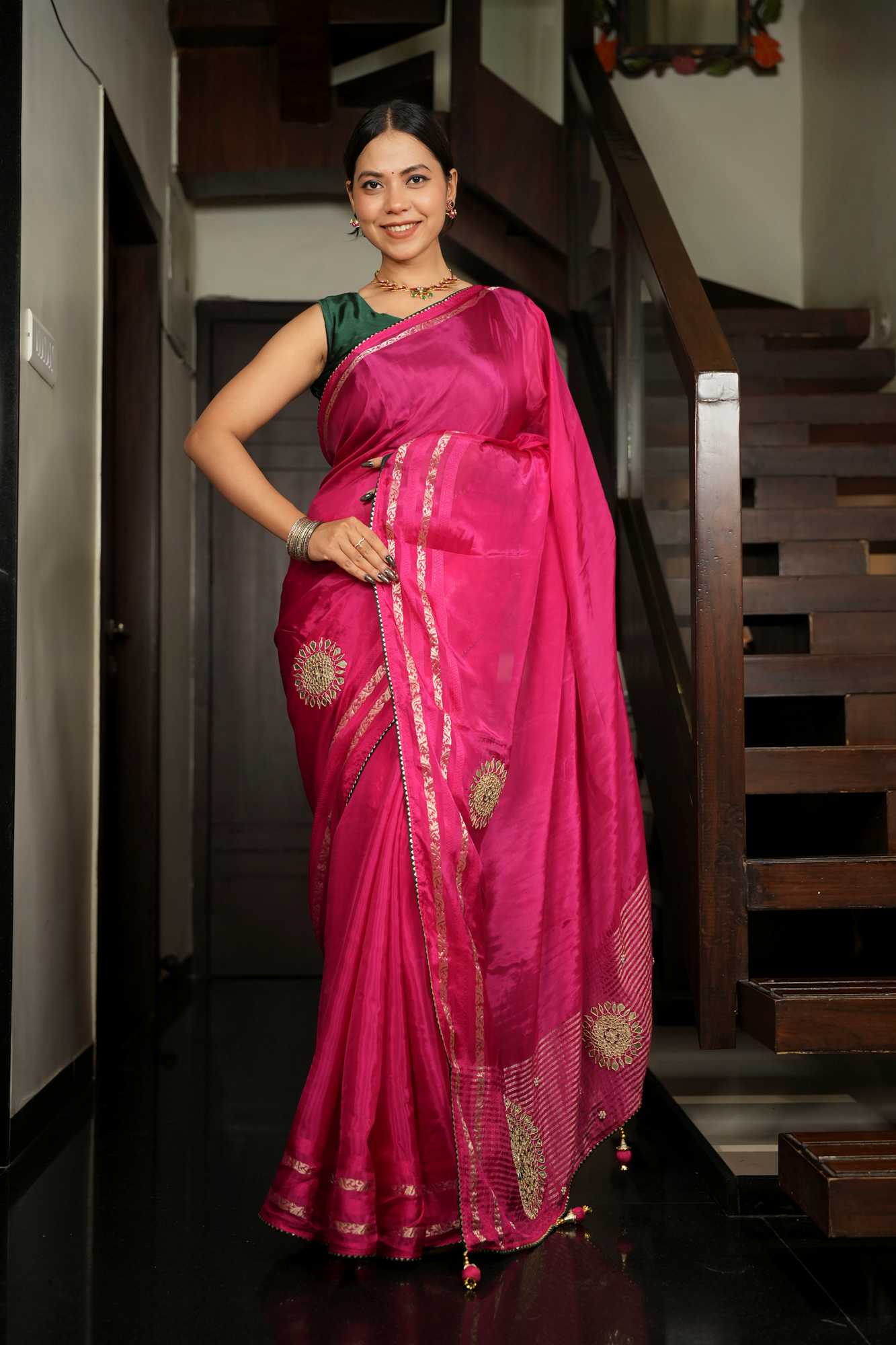 Pure Munga Silk with Handcrafted Gota & Mirror Embellishments Ready To Wear Saree