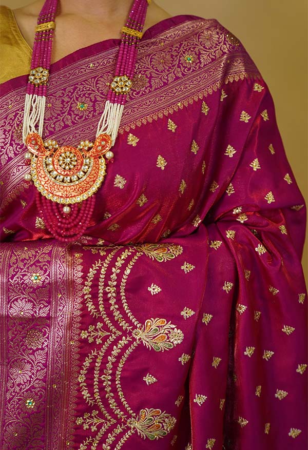 Satin silk With Zari Woven Buttis overll All & Stone Embedded Ornate Palla pre stitched Saree
