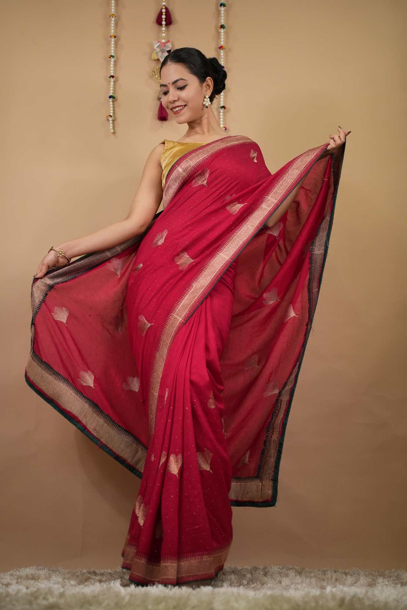 Beautiful Zari Thread Detailed Border with Flower Woven Overall & Crystal Embedded Pre Drape Saree