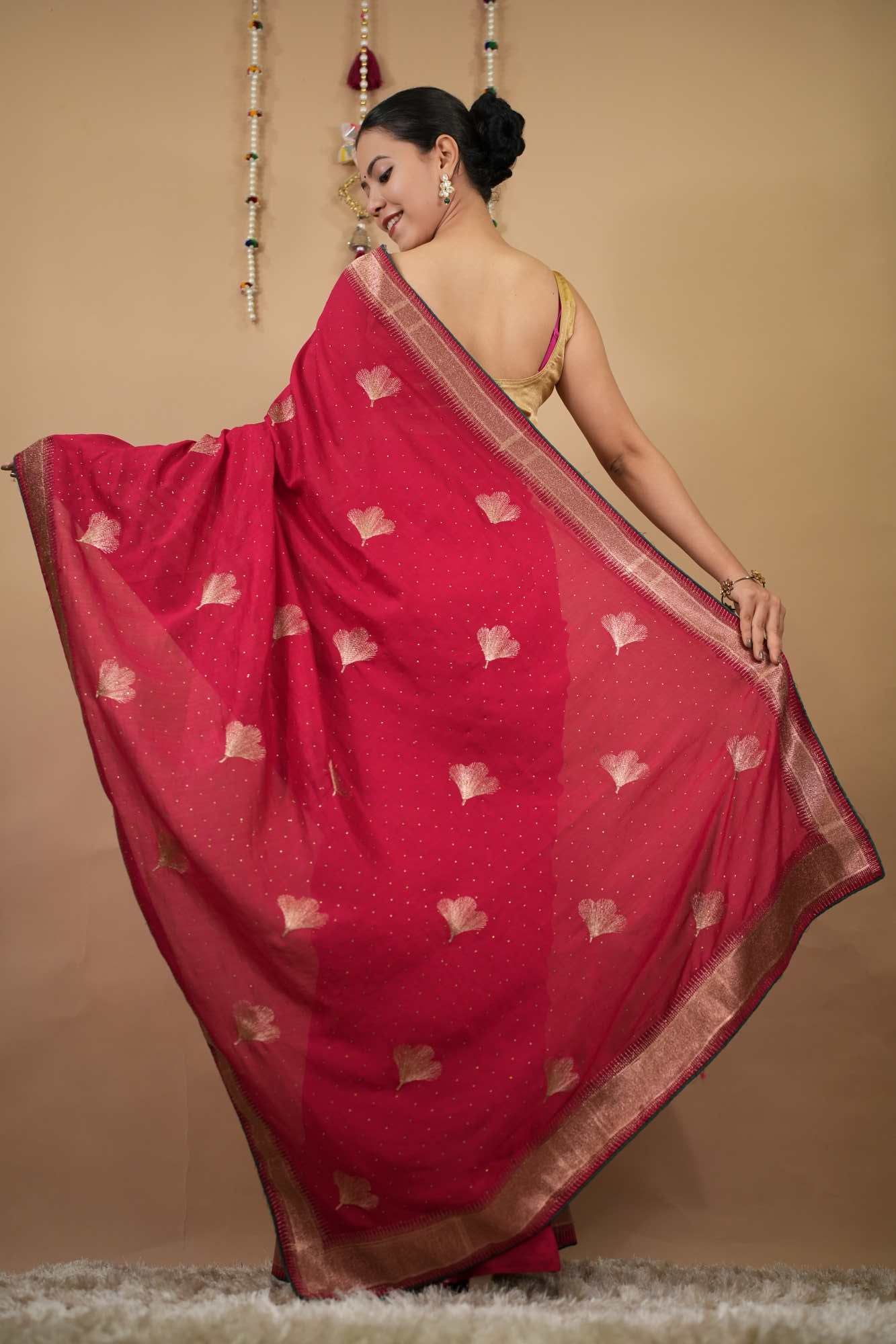 Beautiful Zari Thread Detailed Border with Flower Woven Overall & Crystal Embedded Pre Drape Saree