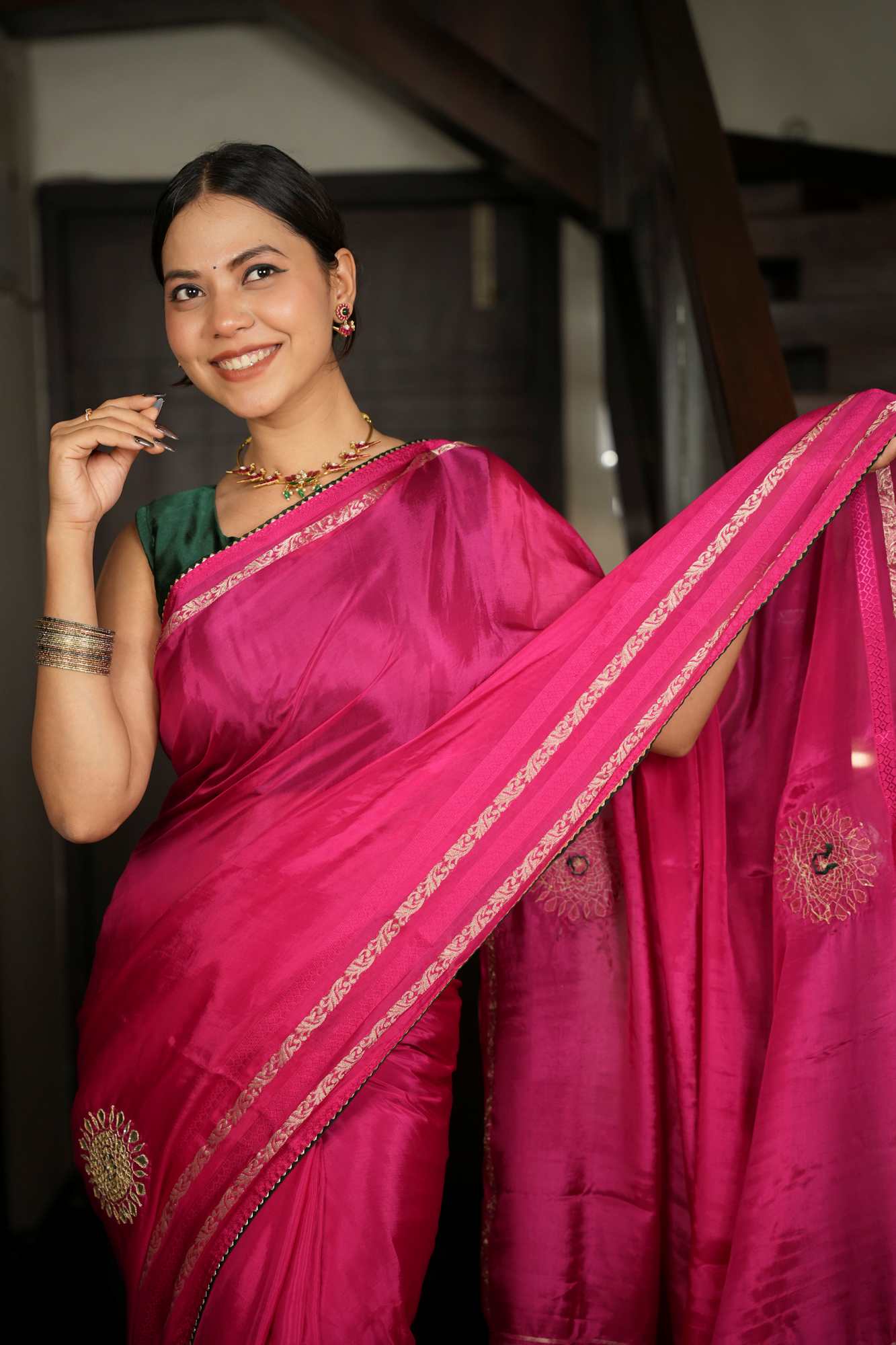 Pure Munga Silk with Handcrafted Gota & Mirror Embellishments Ready To Wear Saree