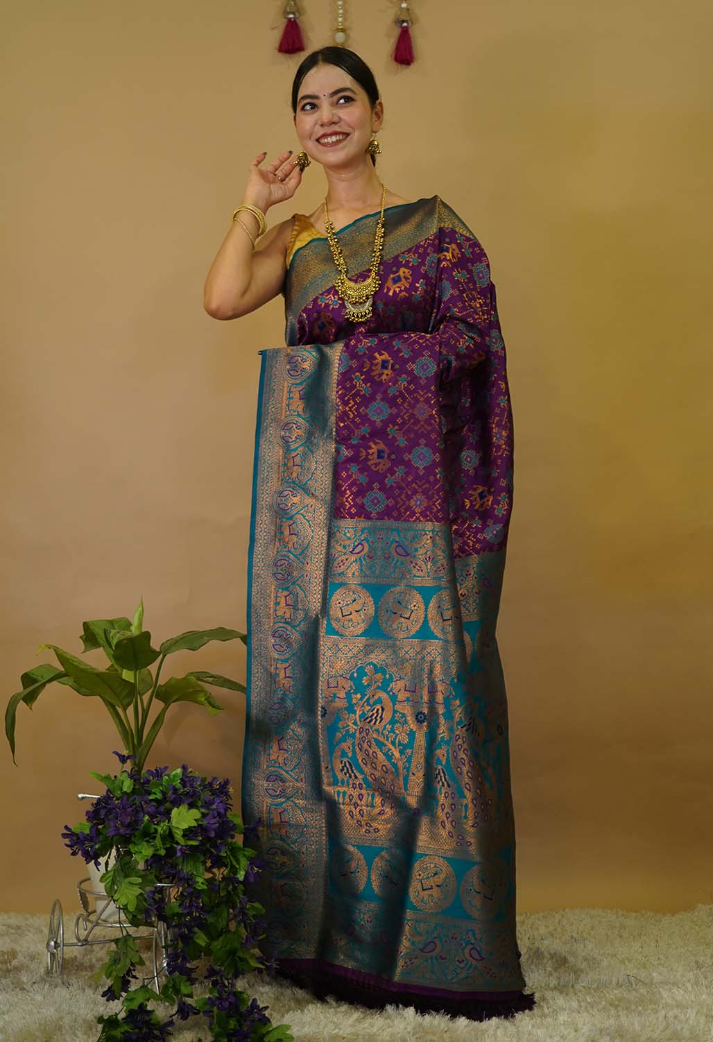 Rich Purple with Green Brocade Border With Overall Patola Woven Ready TO Wear Saree