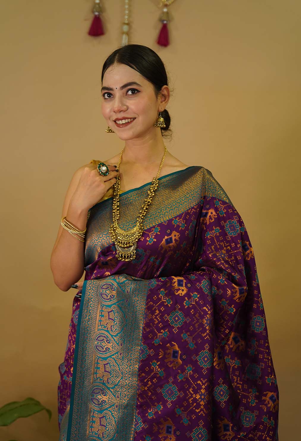 Rich Purple with Green Brocade Border With Overall Patola Woven Ready TO Wear Saree