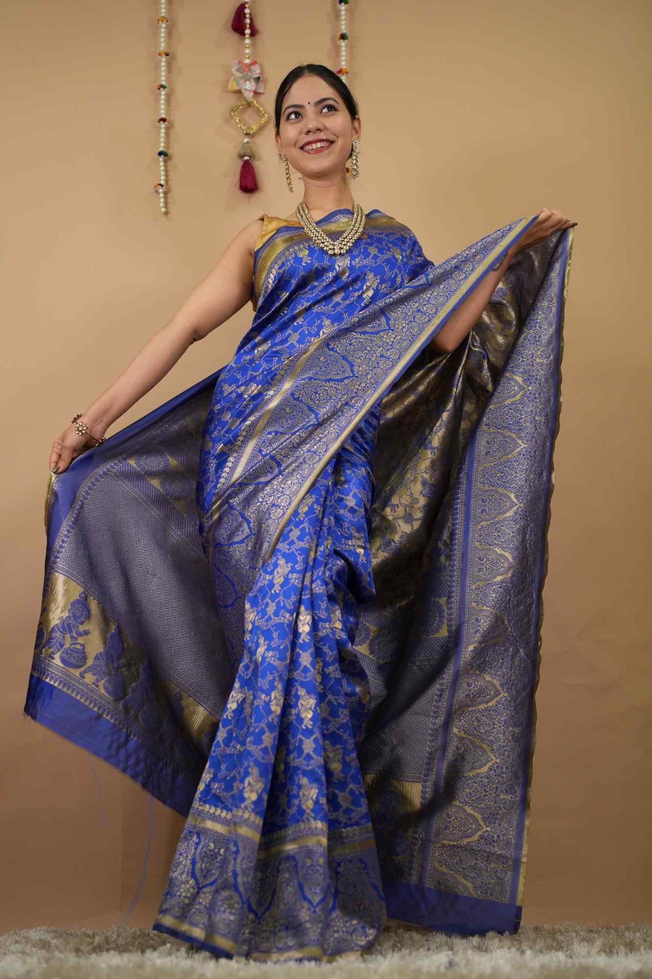 Krishna with flute motif woven kanjeevaram pattern ready to wear one minute saree