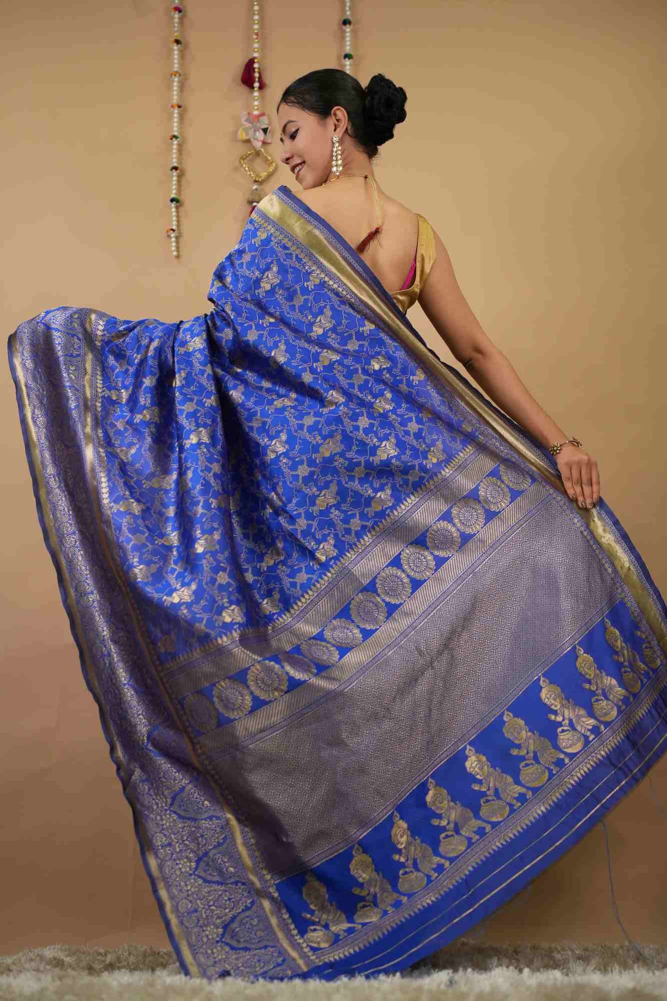 Krishna with flute motif woven kanjeevaram pattern ready to wear one minute saree