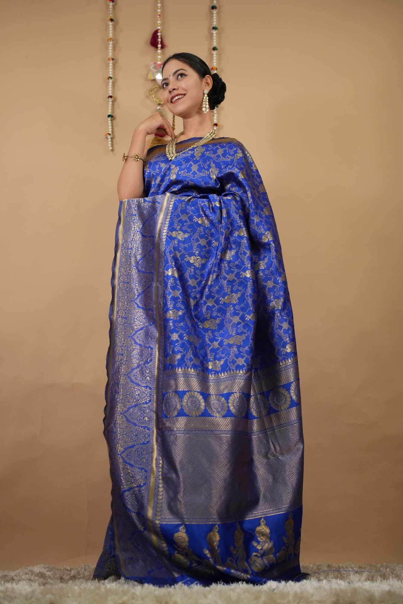 Krishna with flute motif woven kanjeevaram pattern ready to wear one minute saree